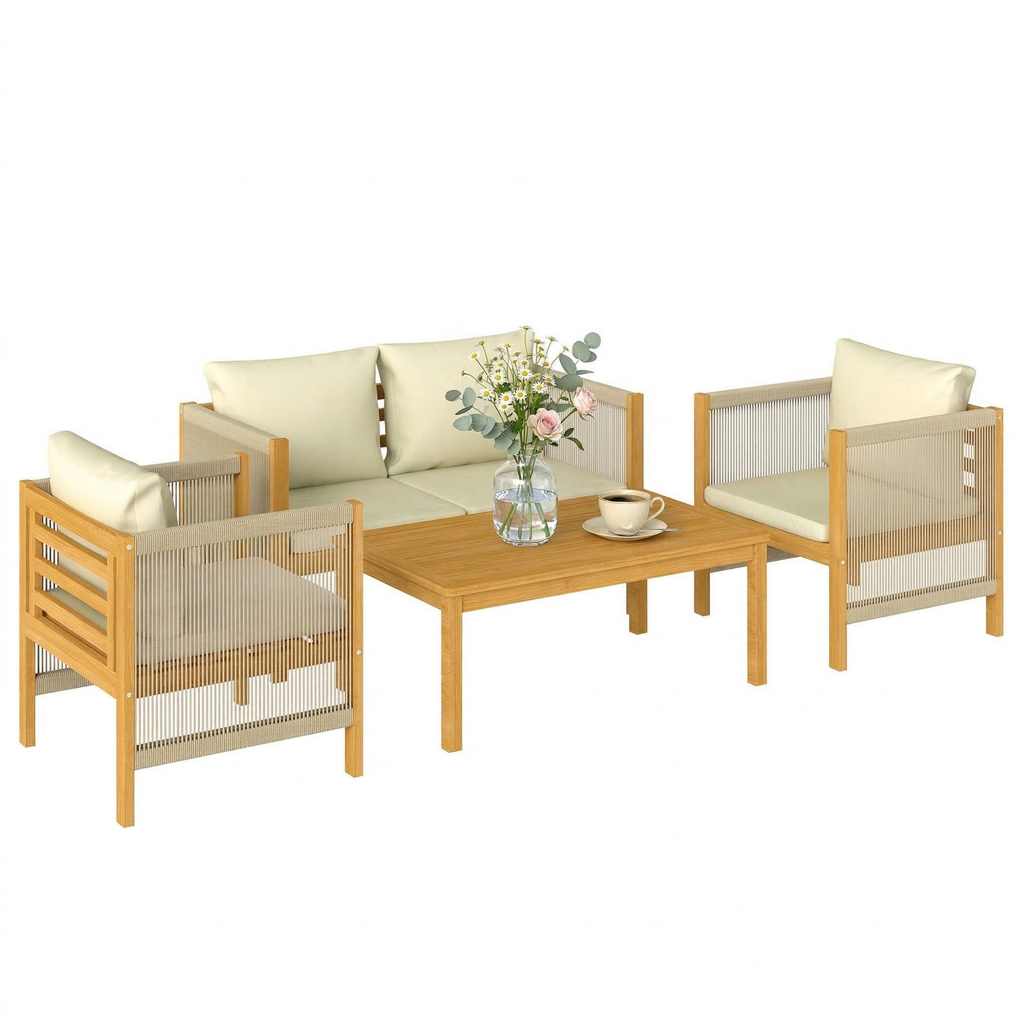 Salon de Jardin Ensemble Bistro 3 pièces | Mobilier de jardin Beige Bois d'acacia, polyester 120x60x64 cm - Image 1