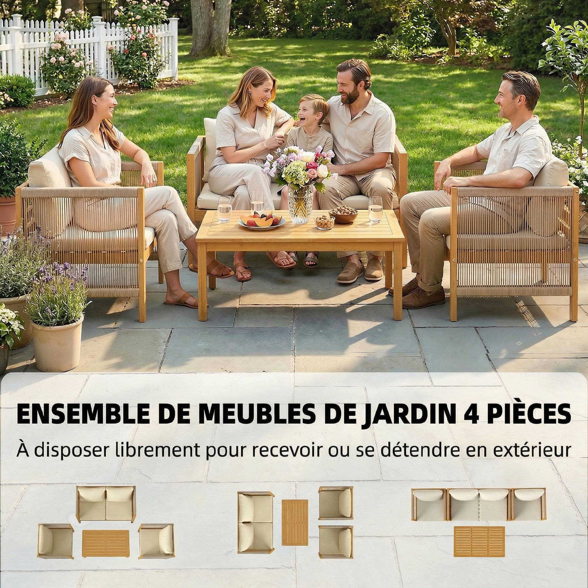 Salon de Jardin Ensemble Bistro 3 pièces | Mobilier de jardin Beige Bois d'acacia, polyester 120x60x64 cm - Image 6