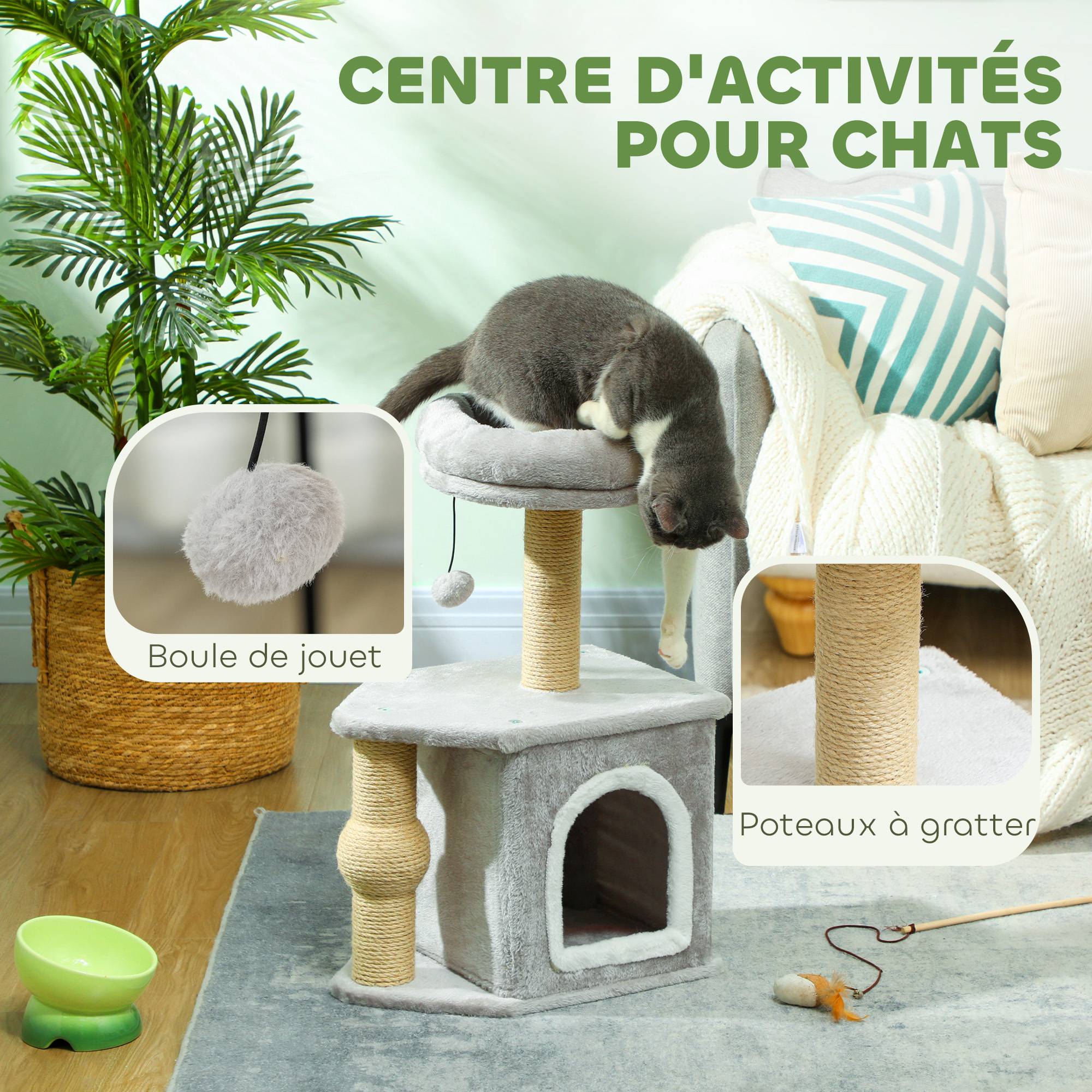 Arbre à chat bois et peluche gris clair 42 x 30 x 66 cm - PANGIVO - Image 6