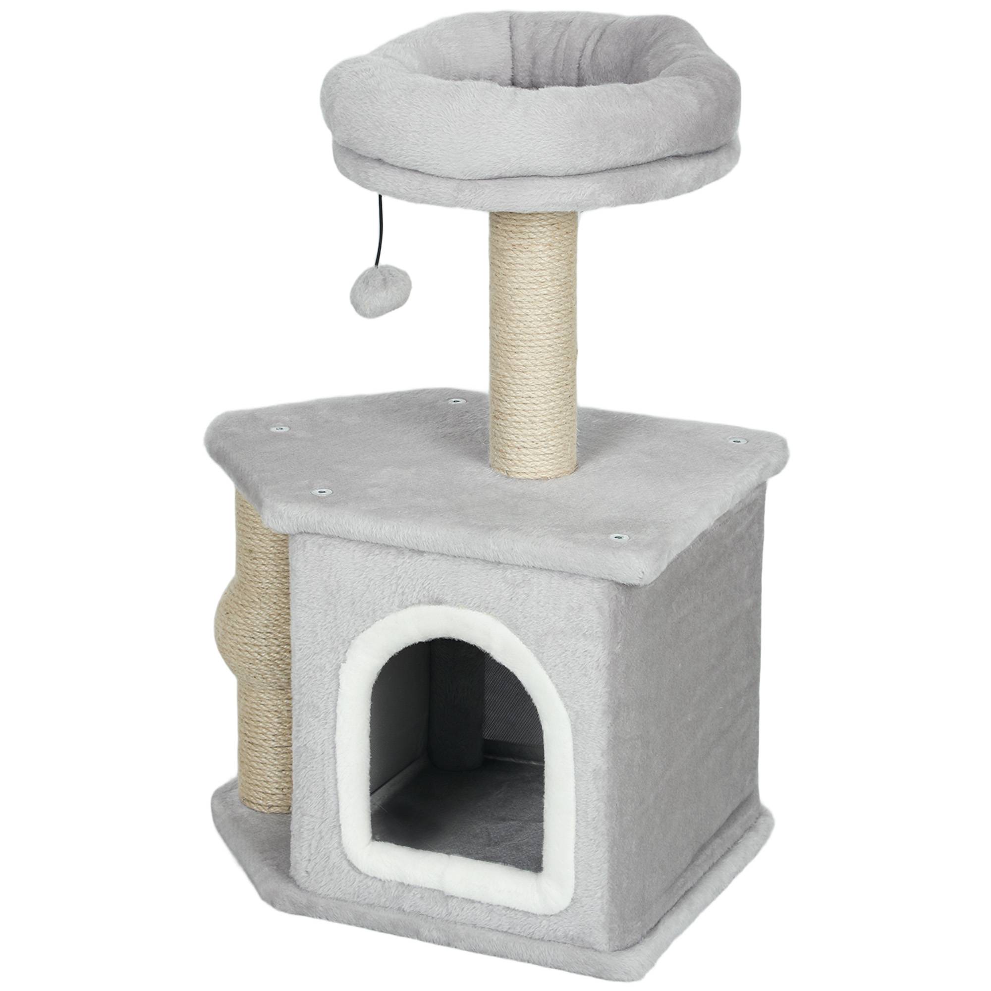 Arbre à chat bois et peluche gris clair 42 x 30 x 66 cm - PANGIVO - Image 2