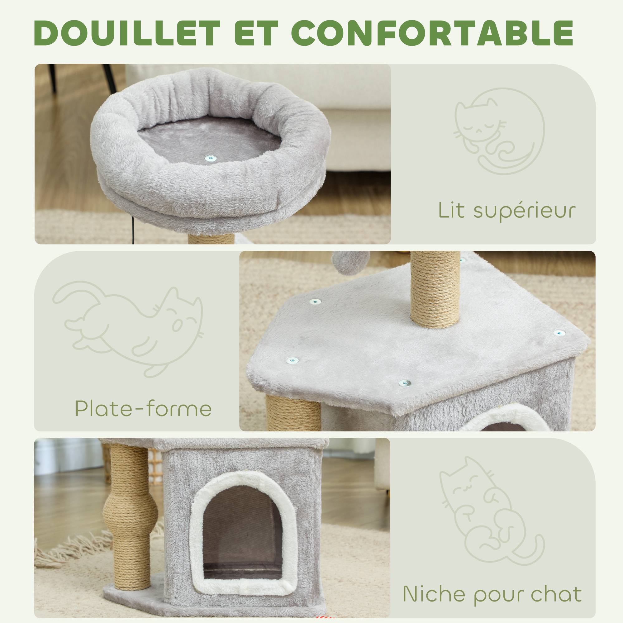 Arbre à chat bois et peluche gris clair 42 x 30 x 66 cm - PANGIVO - Image 7