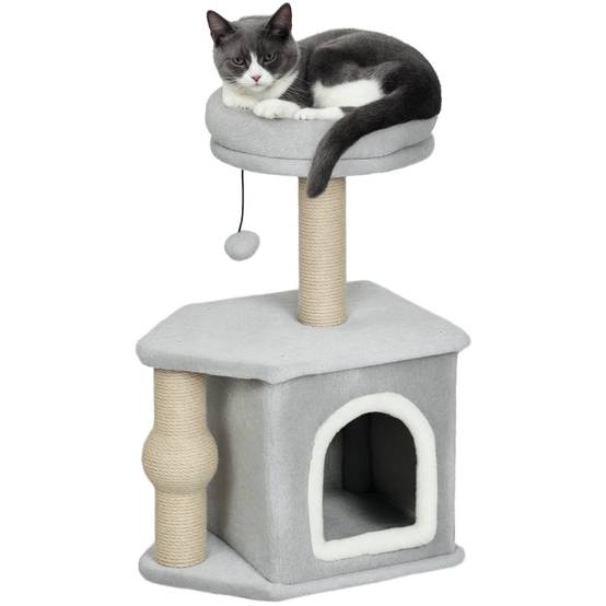 Arbre à chat bois et peluche gris clair 42 x 30 x 66 cm - PANGIVO - Image 1