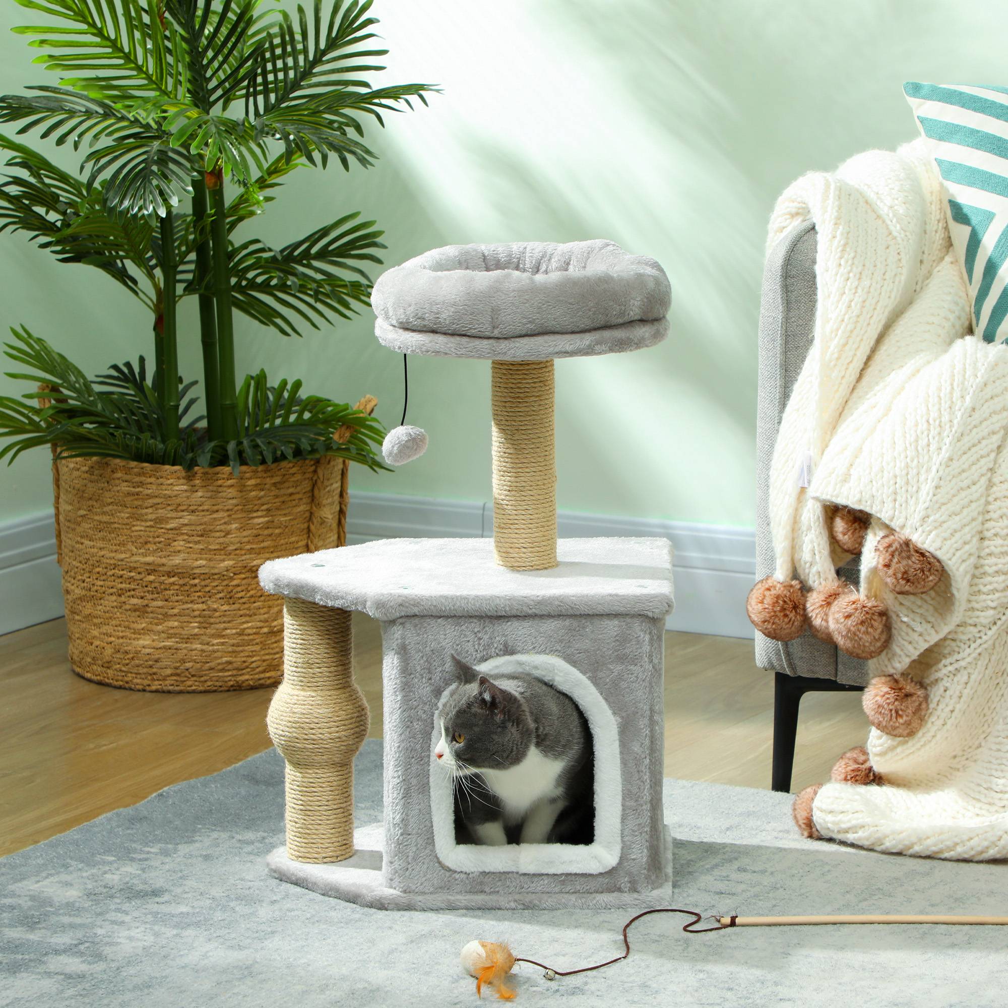 Arbre à chat bois et peluche gris clair 42 x 30 x 66 cm - PANGIVO - Image 9