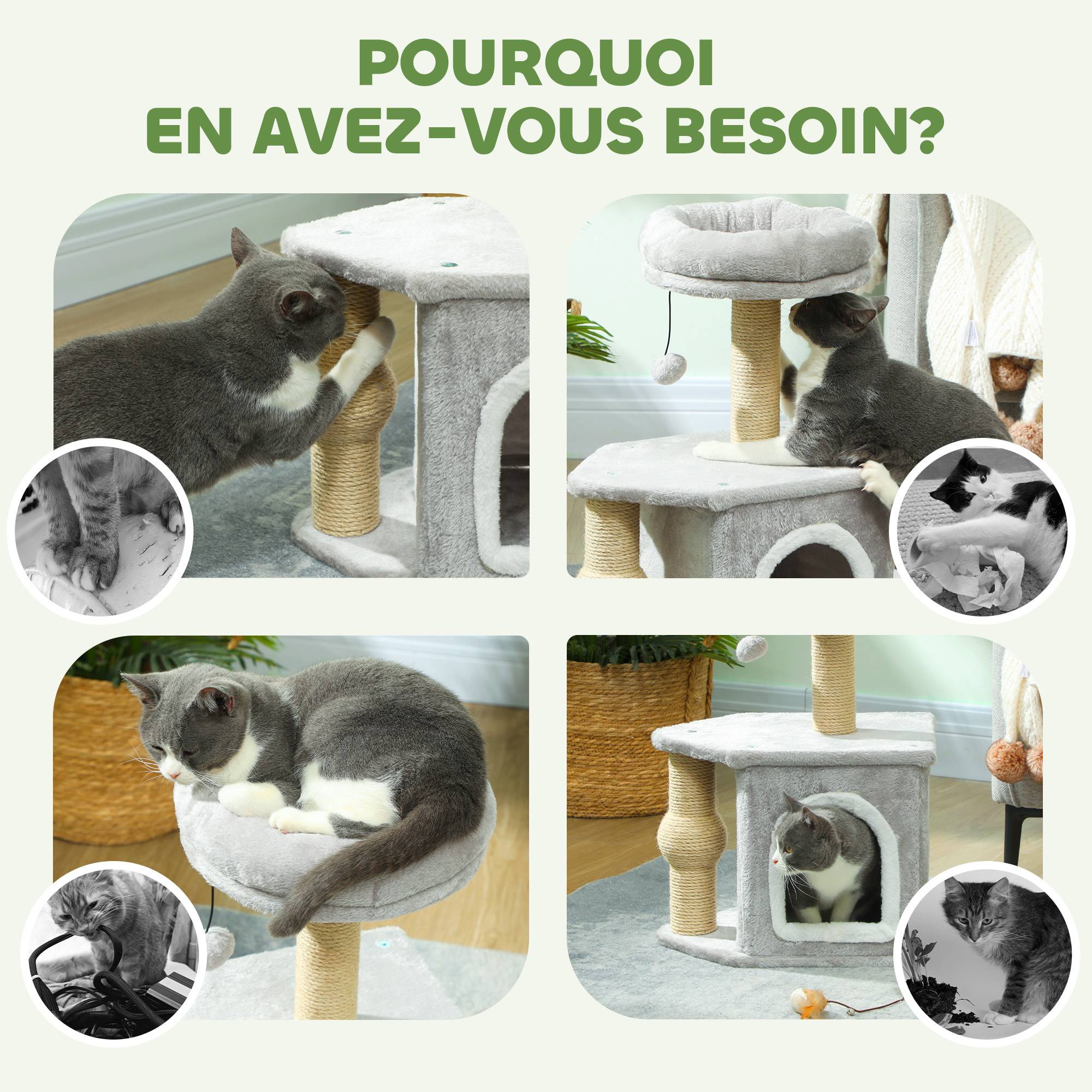 Arbre à chat bois et peluche gris clair 42 x 30 x 66 cm - PANGIVO - Image 8