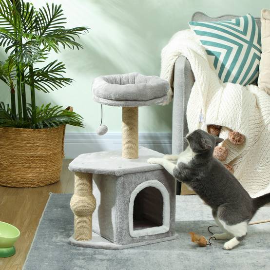 Arbre à chat bois et peluche gris clair 42 x 30 x 66 cm - PANGIVO - Image 3