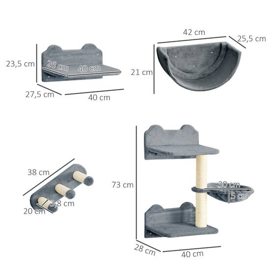 Arbre à chat parcours mural bois peluche 4 pièces griffoir hamac 40x28x73cm gris - ComfortXL Outdoor Living - Image 5