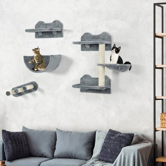 Arbre à chat parcours mural bois peluche 4 pièces griffoir hamac 40x28x73cm gris - ComfortXL Outdoor Living - Image 4
