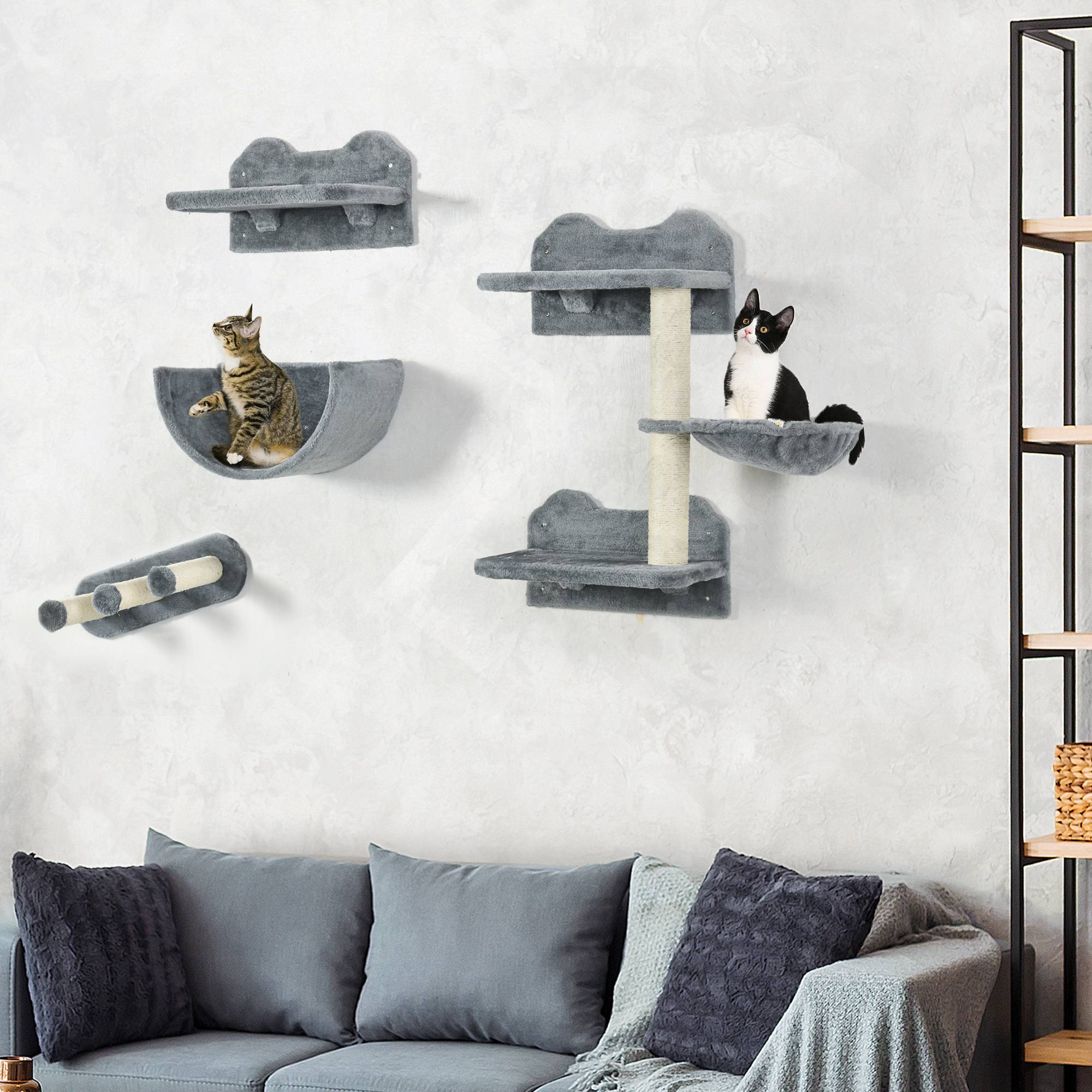 Arbre à chat parcours mural bois peluche 4 pièces griffoir hamac 40x28x73cm gris - ComfortXL Outdoor Living - Image 4