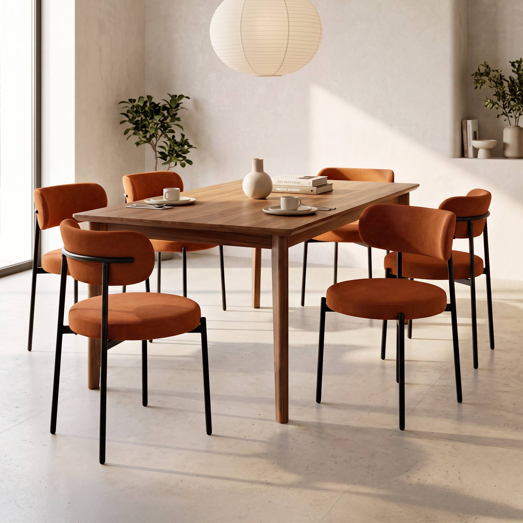 Sicaan Lot de 6 chaises rembourrées velours côtelé terracotta et pieds métal noir IRIS