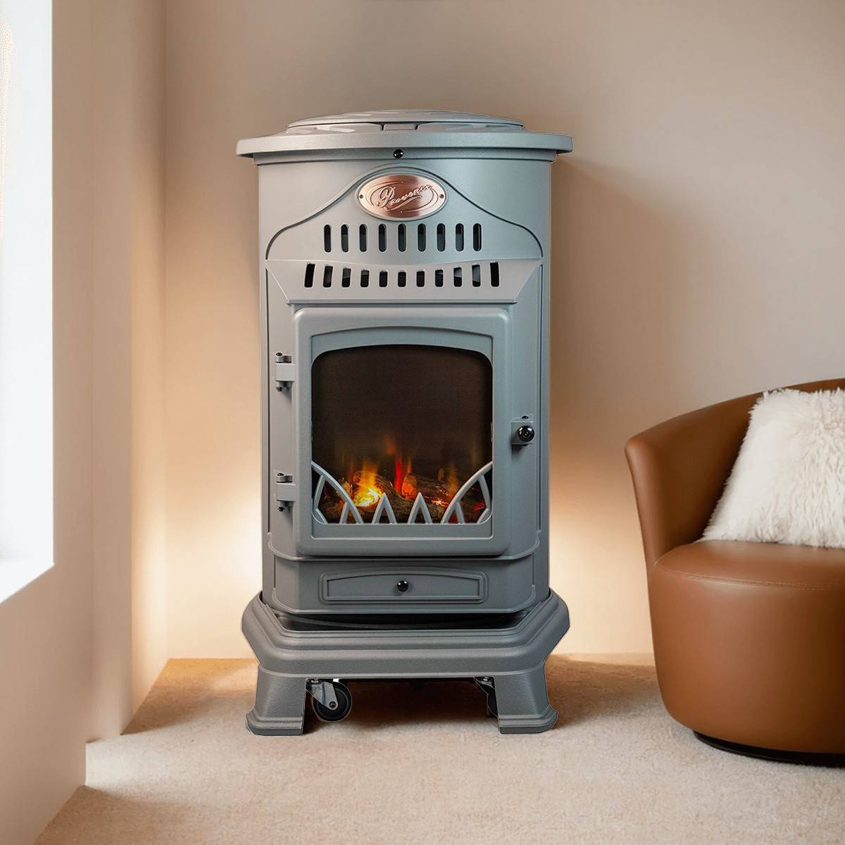 Universal - Poêle à gaz Fonte véritable 3.4KW Gris Effet feu de bois Chauffage d'appoint Provence Sahara - Imagen 2