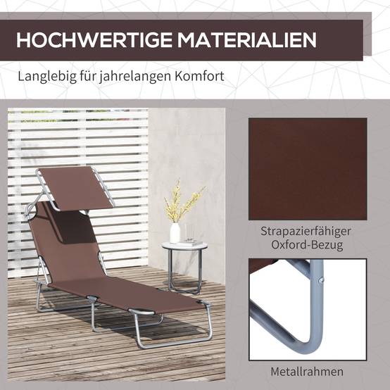 Transat de jardin pliable avec pare-soleil, dossier 4 positions, charge 120kg, jardin/balcon/piscine, marron - Image 9