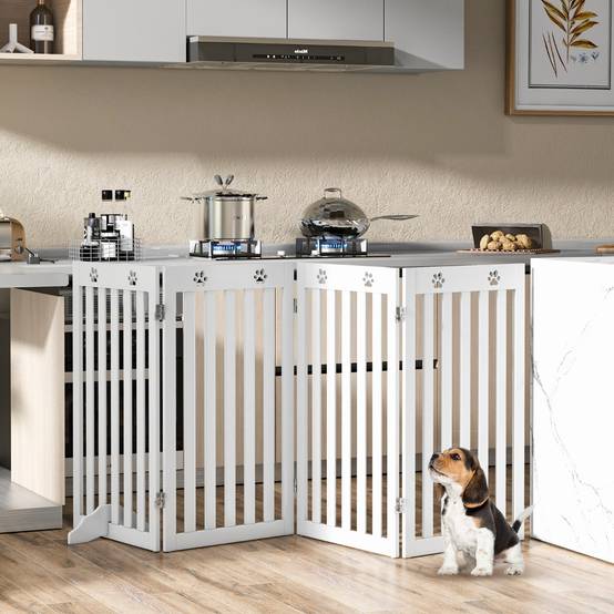 Barrière Autoportante pour Chien 4 Panneaux en Bois Charnières Métalliques à 360° sans Perçage pour Maison Escaliers Blanc - Image 3