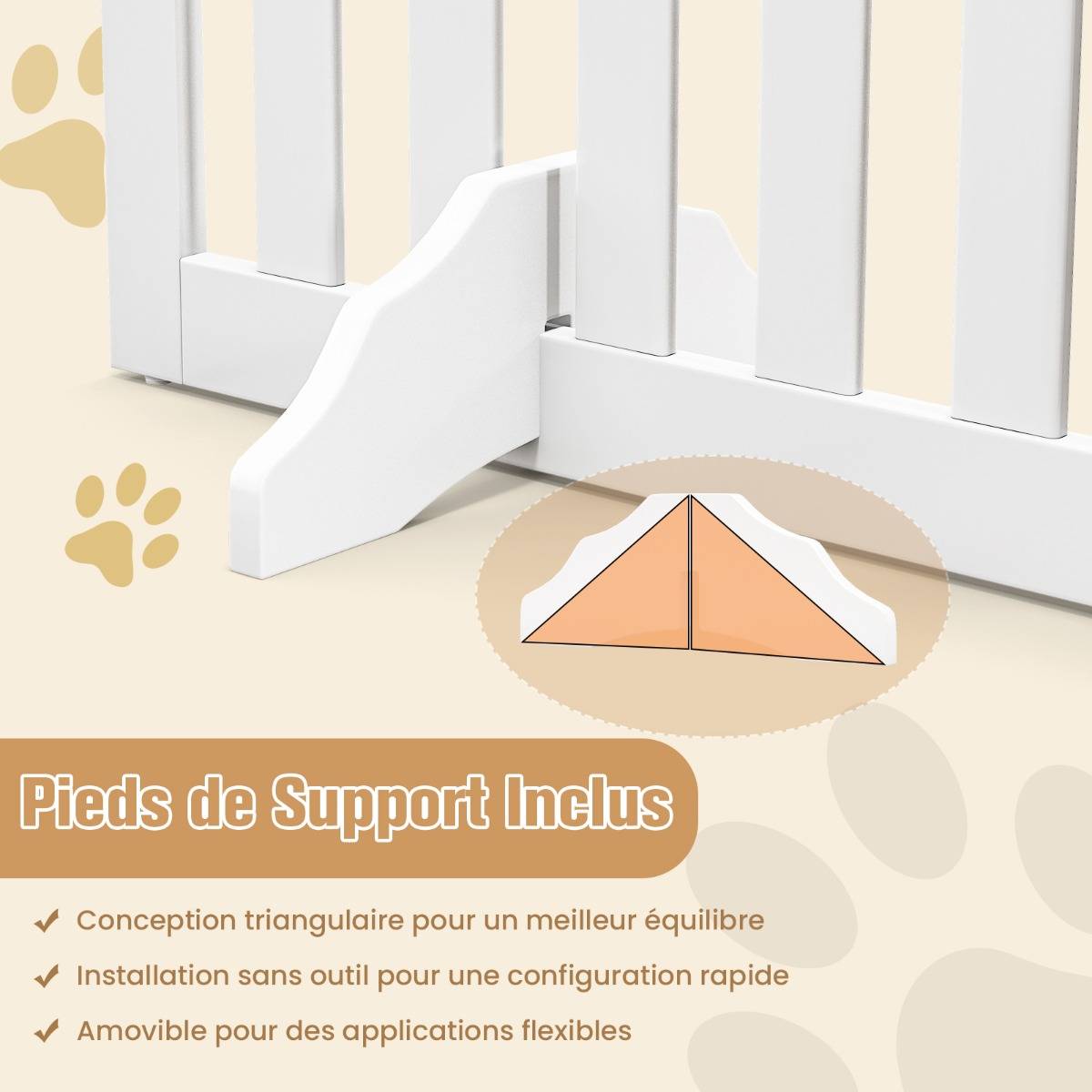 Barrière Autoportante pour Chien 4 Panneaux en Bois Charnières Métalliques à 360° sans Perçage pour Maison Escaliers Blanc - Image 7