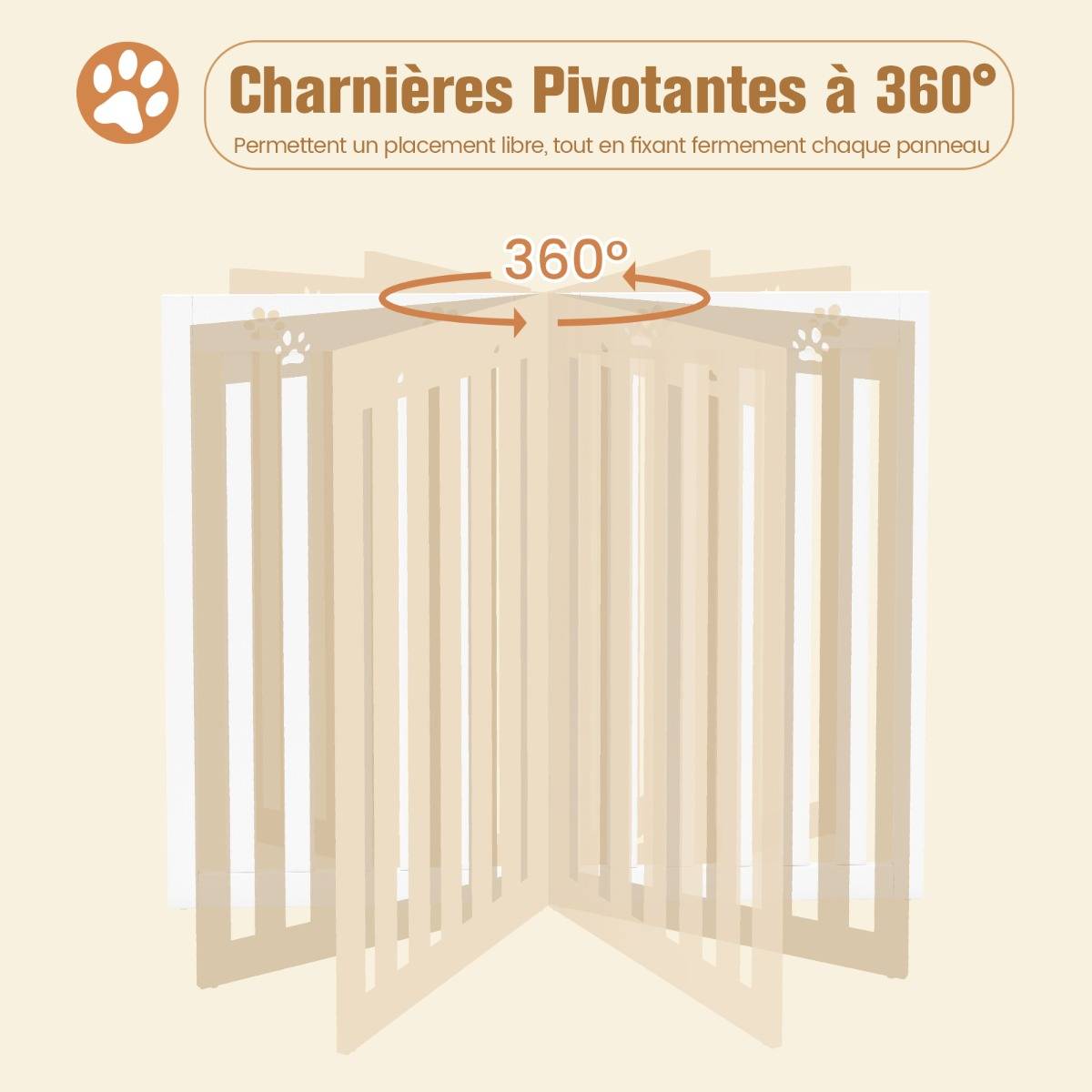 Barrière Autoportante pour Chien 4 Panneaux en Bois Charnières Métalliques à 360° sans Perçage pour Maison Escaliers Blanc - Image 8