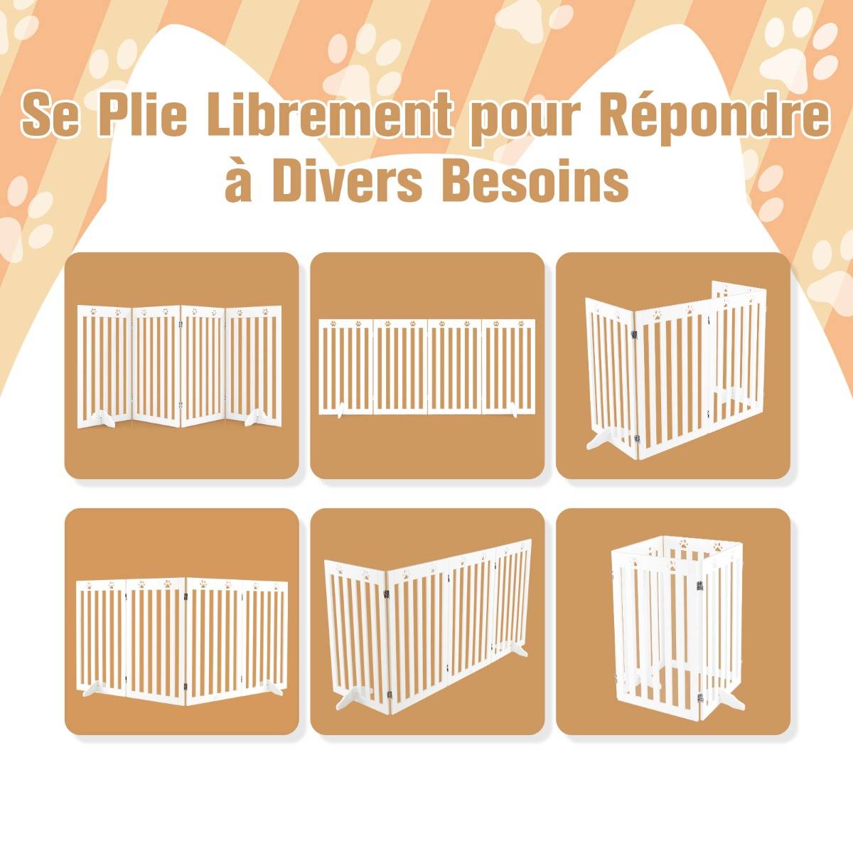 Barrière Autoportante pour Chien 4 Panneaux en Bois Charnières Métalliques à 360° sans Perçage pour Maison Escaliers Blanc - Image 9