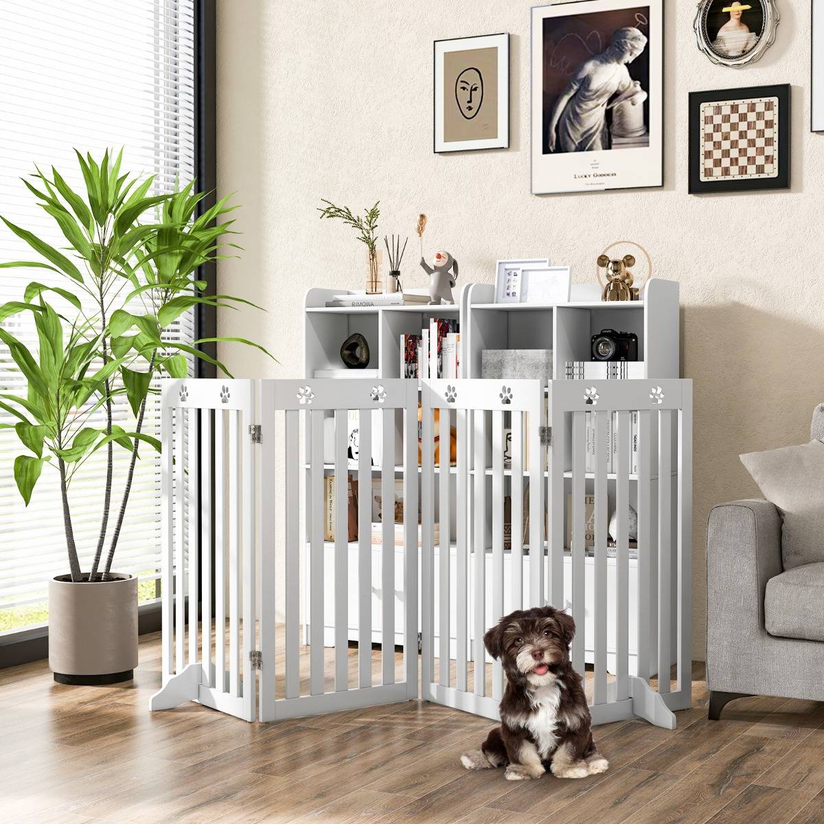 Barrière Autoportante pour Chien 4 Panneaux en Bois Charnières Métalliques à 360° sans Perçage pour Maison Escaliers Blanc - Image 2