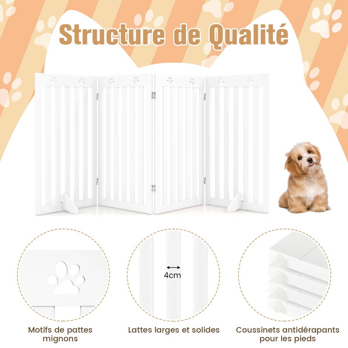 Barrière Autoportante pour Chien 4 Panneaux en Bois Charnières Métalliques à 360° sans Perçage pour Maison Escaliers Blanc - Image 5