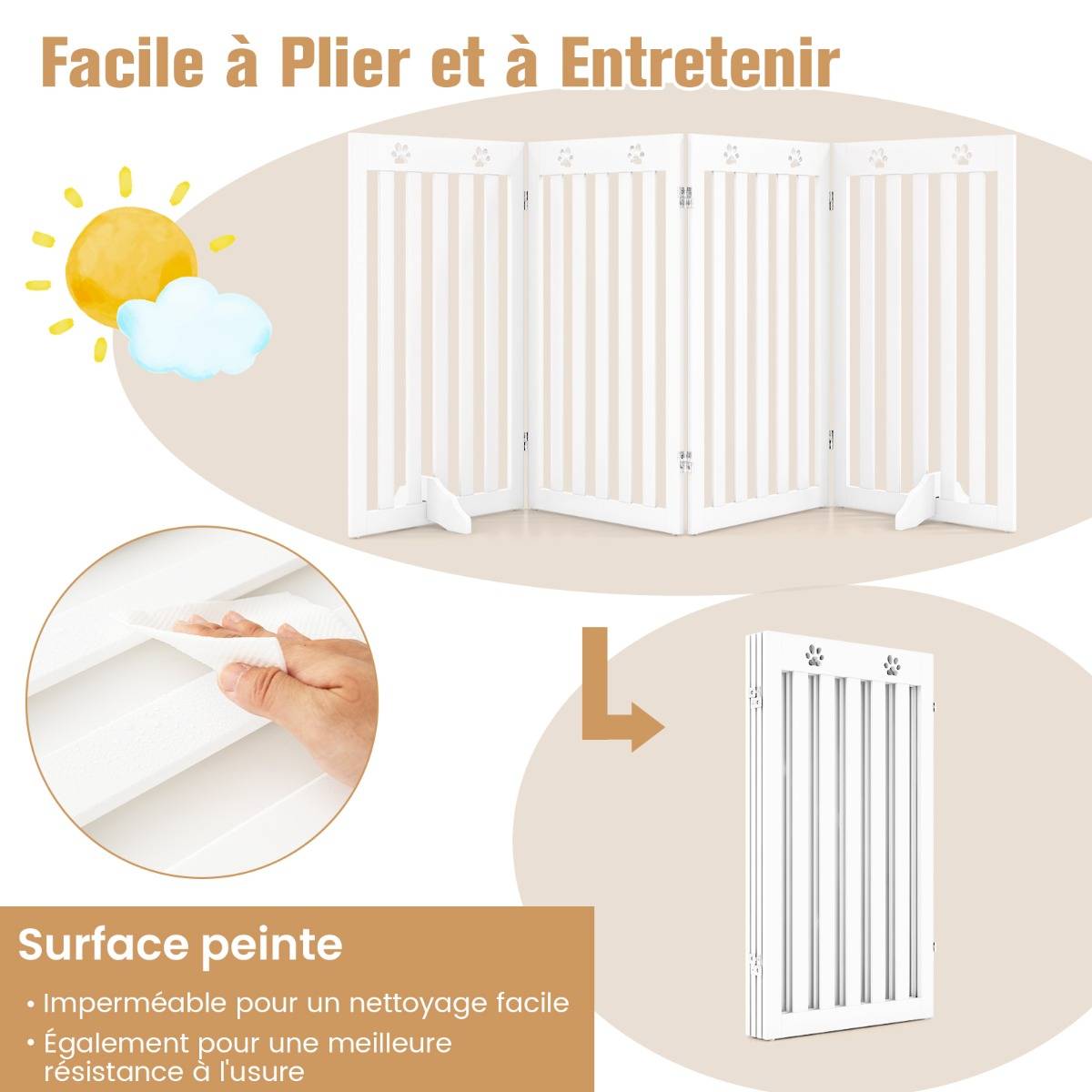 Barrière Autoportante pour Chien 4 Panneaux en Bois Charnières Métalliques à 360° sans Perçage pour Maison Escaliers Blanc - Image 6