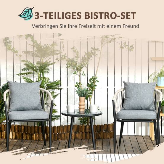 ComfortXL - Salon de jardin 2 personnes acier et verre trempé gris table Ø50 cm 2 fauteuils avec coussins pour balcon - Image 4