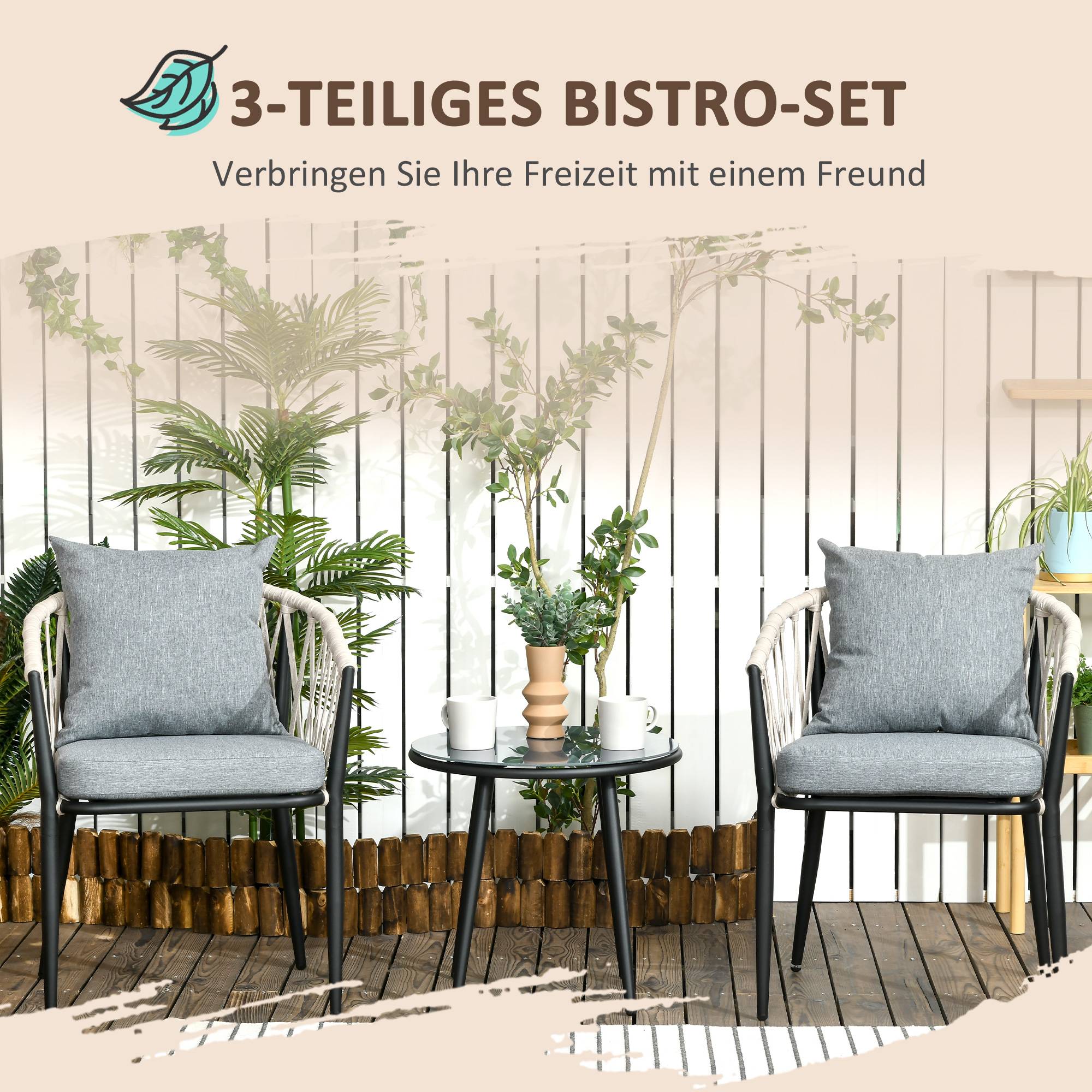 ComfortXL - Salon de jardin 2 personnes acier et verre trempé gris table Ø50 cm 2 fauteuils avec coussins pour balcon - Image 4