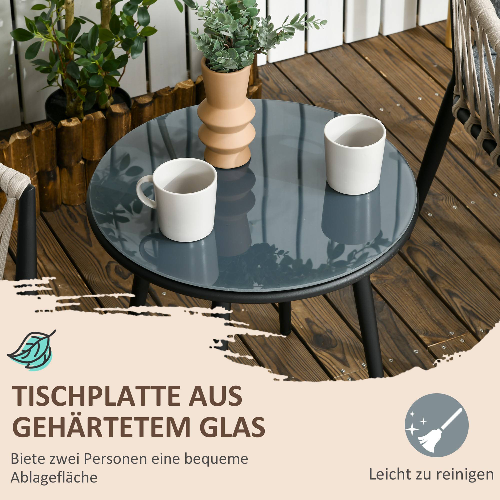 ComfortXL - Salon de jardin 2 personnes acier et verre trempé gris table Ø50 cm 2 fauteuils avec coussins pour balcon - Image 5