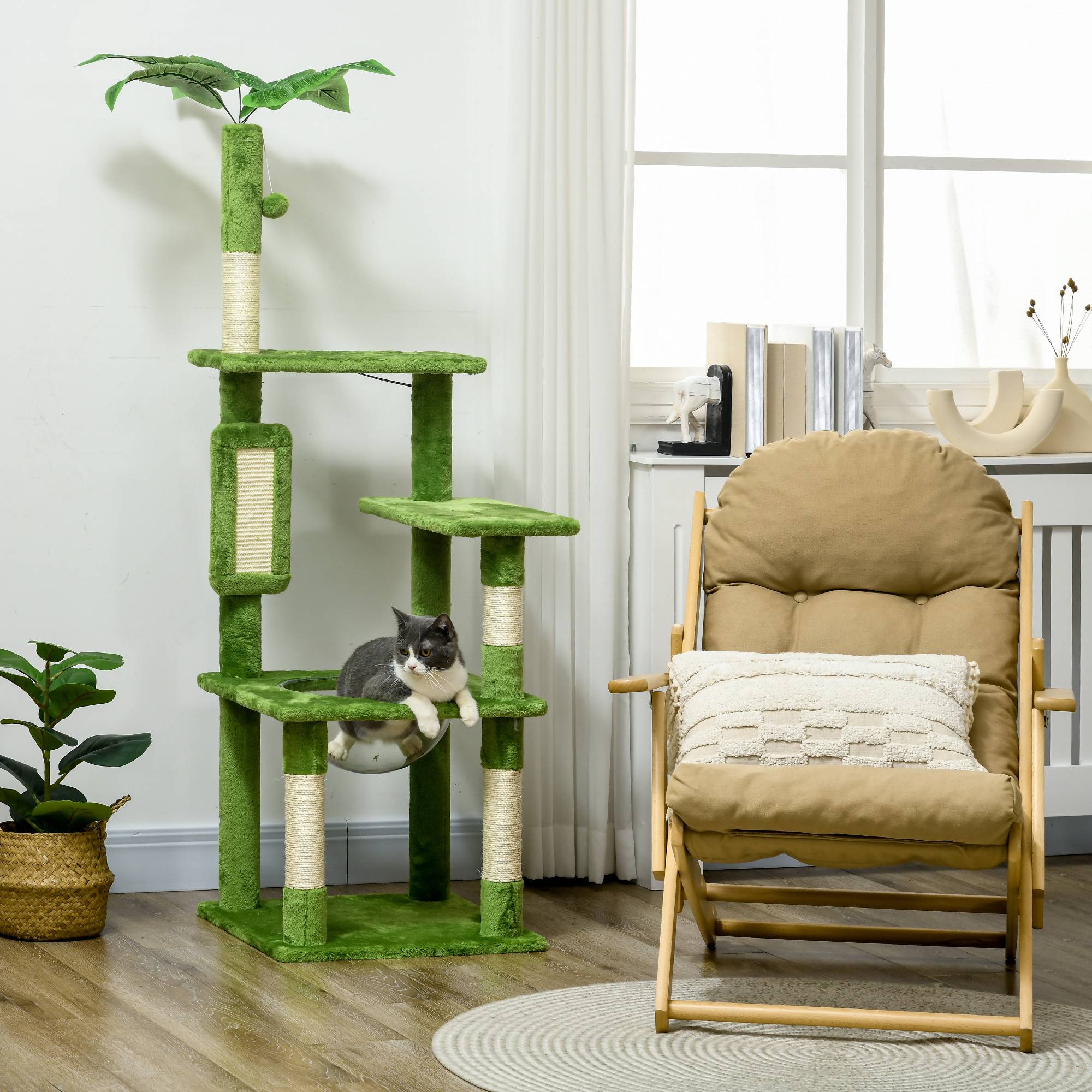 Arbre à chat multiligne avec hamac, grattoir, balle et feuilles décoratives, 49x49x142cm, vert - Image 4