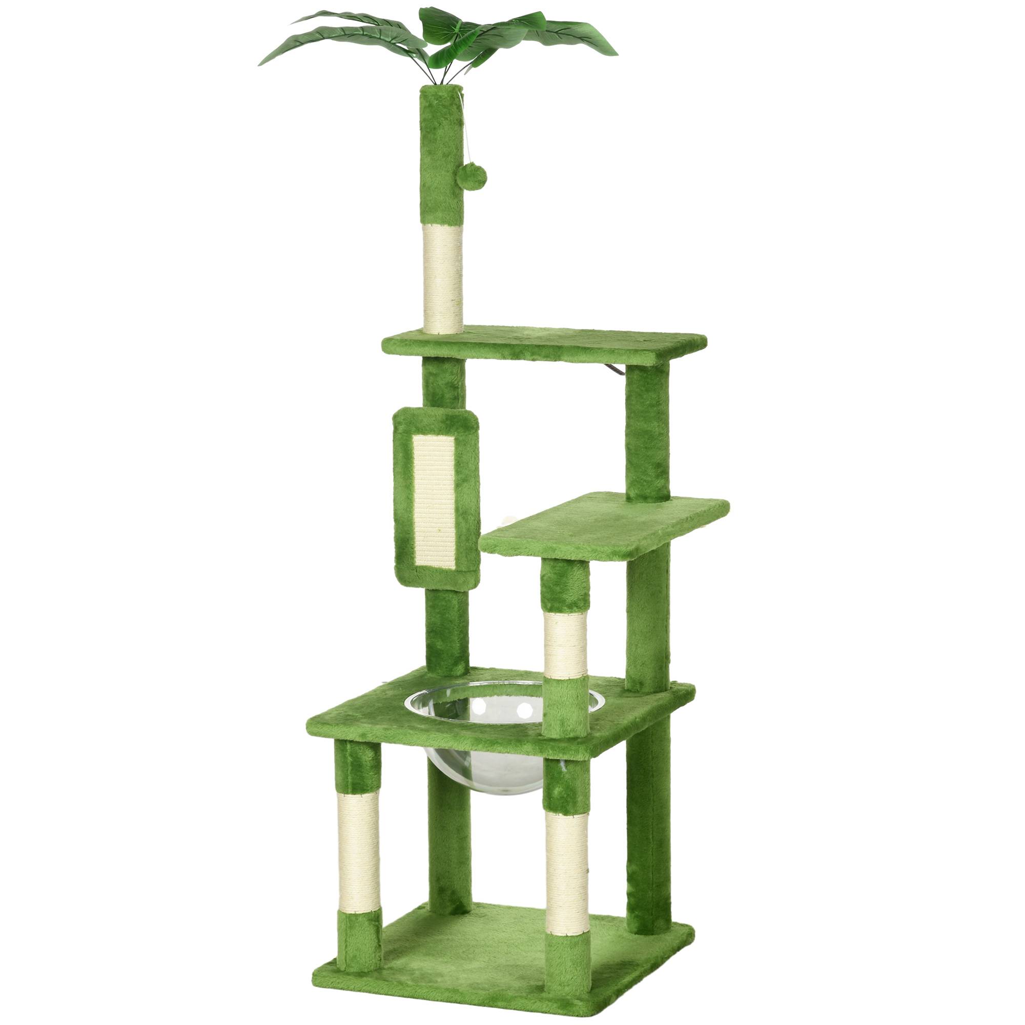 Arbre à chat multiligne avec hamac, grattoir, balle et feuilles décoratives, 49x49x142cm, vert - Image 2