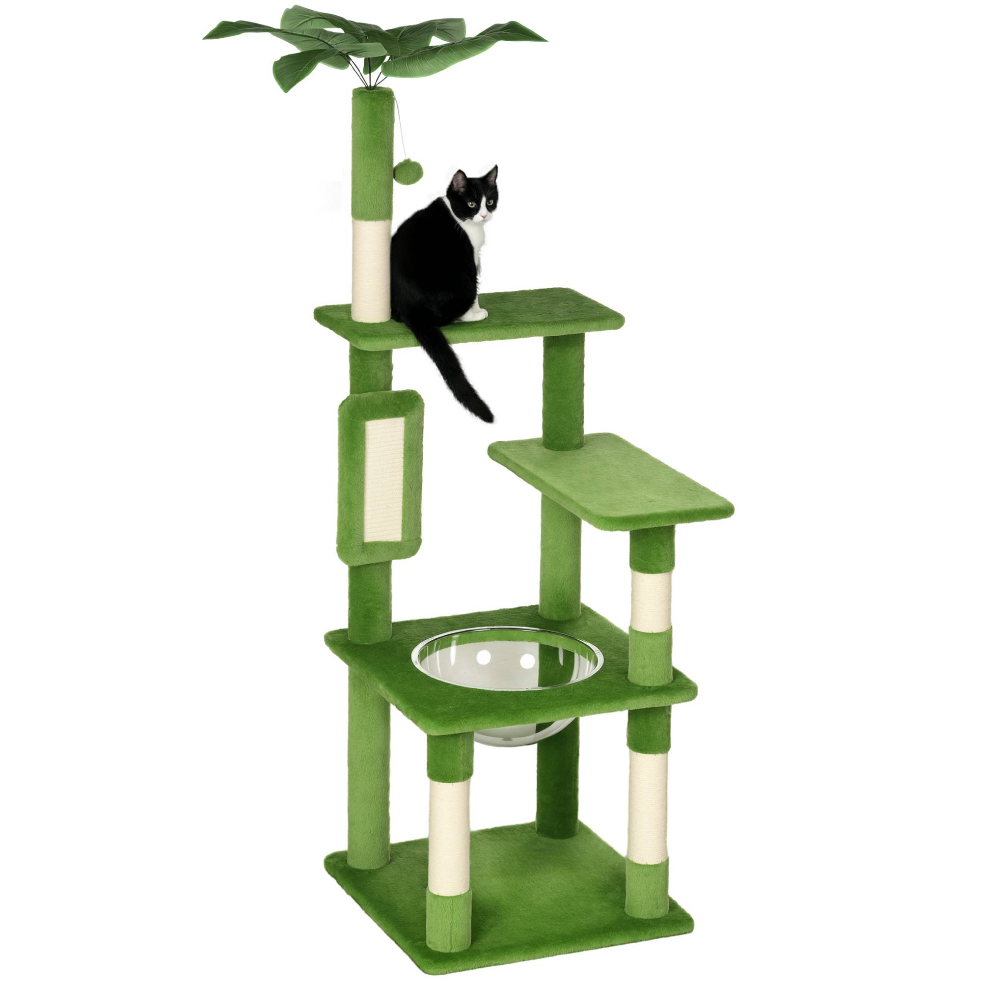 Arbre à chat multiligne avec hamac, grattoir, balle et feuilles décoratives, 49x49x142cm, vert - Image 1