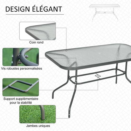Table de Jardin rectangulaire dim. 140L X 80l x 70H cm métal époxy Gris Plateau Verre trempé - Image 7