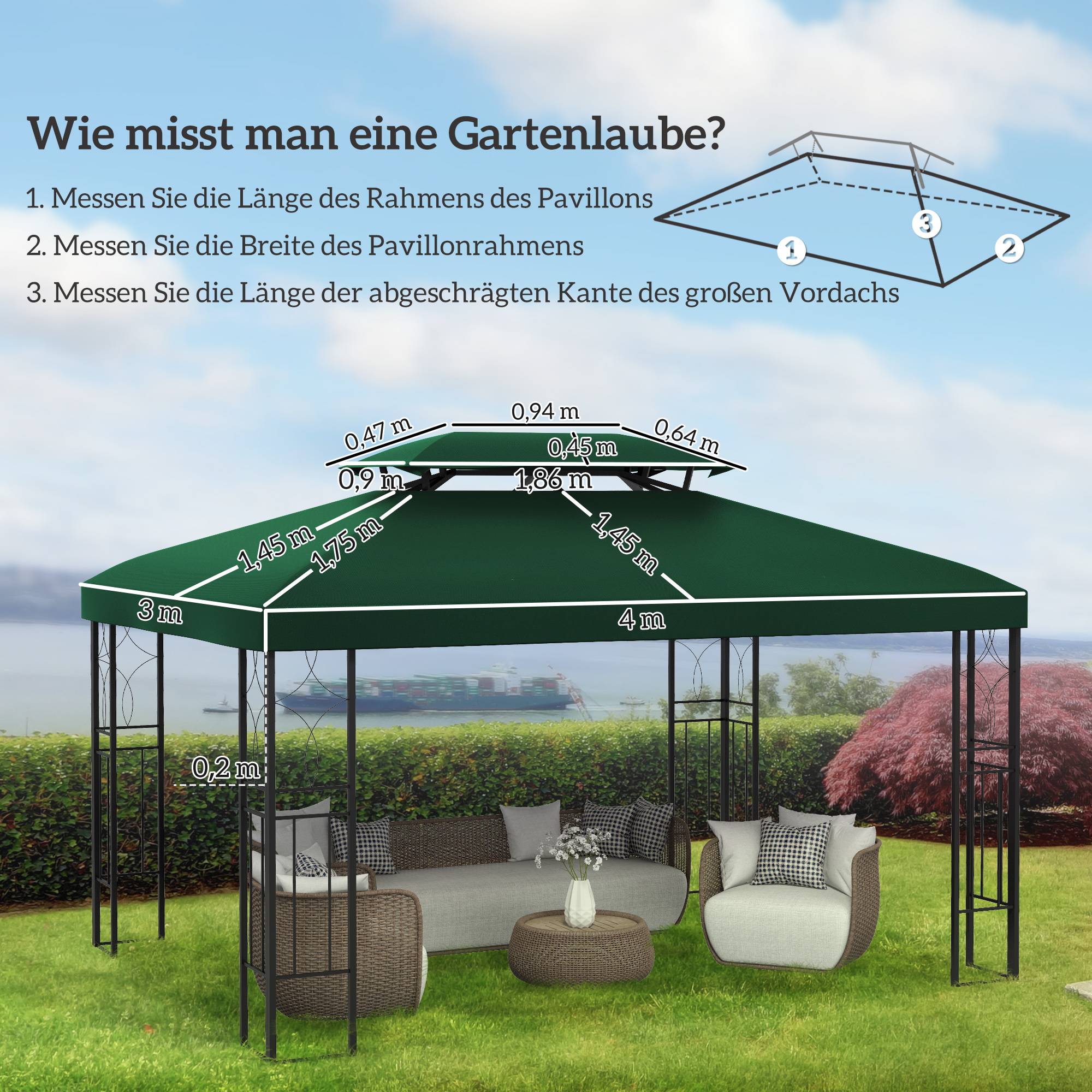 Toit de rechange pour tonnelle polyester vert 400 x 300 x 20 cm - PANGIVO - Image 5