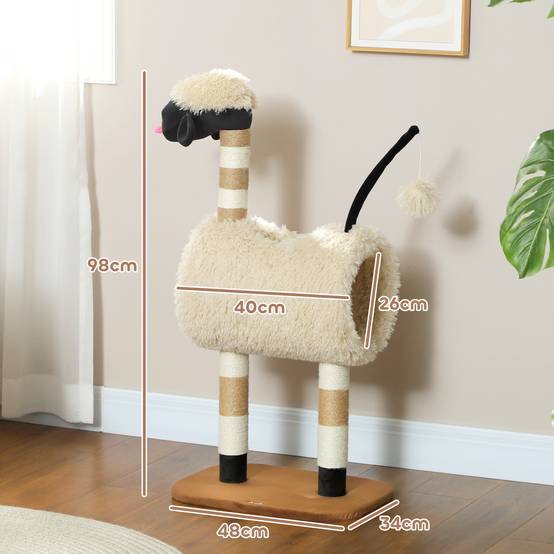 Arbre à chat design mouton, avec poteau à griffer, tunnel et jouets, 98 cm, marron clair - Image 5