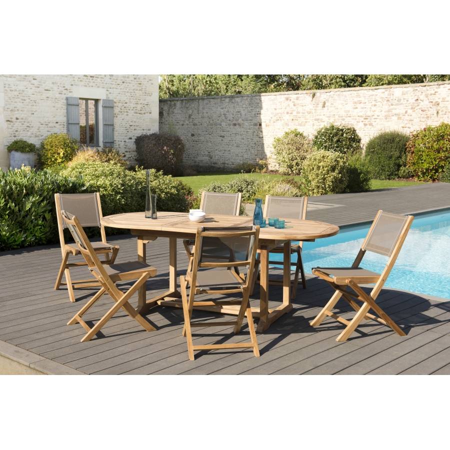 Macabane - HARRIS - SALON DE JARDIN EN BOIS TECK 6/8 pers - 1 Table ovale extensible 150*200/90 cm et 6 chaises textilène - Imagen 2