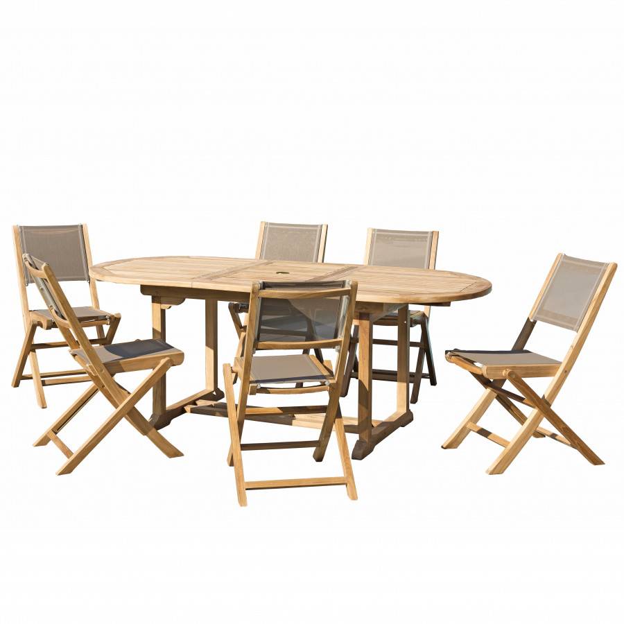 Macabane - HARRIS - SALON DE JARDIN EN BOIS TECK 6/8 pers - 1 Table ovale extensible 150*200/90 cm et 6 chaises textilène - Imagen 1