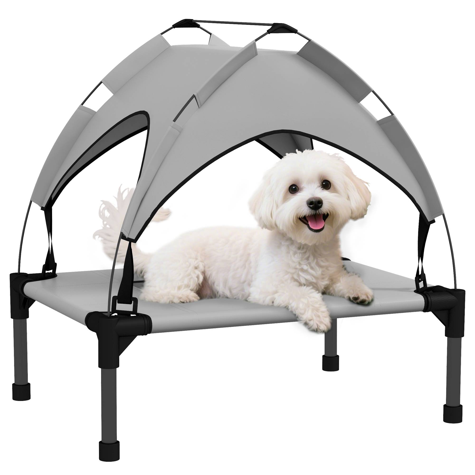 Lit surélevé chien acier oxford respirant animaux extérieur auvent anti-UV 61x46cm gris - ComfortXL Outdoor Living - Image 1