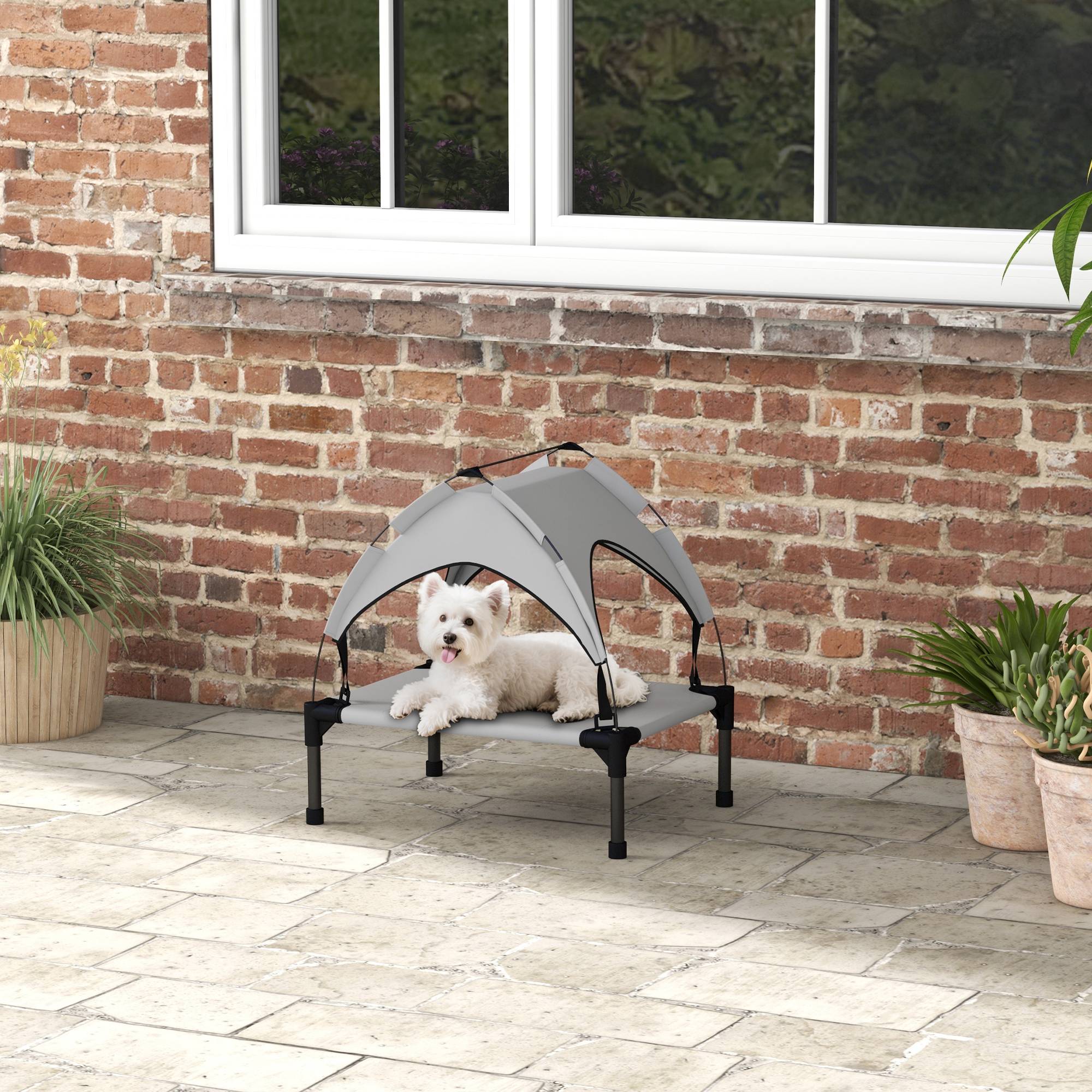 Lit surélevé chien acier oxford respirant animaux extérieur auvent anti-UV 61x46cm gris - ComfortXL Outdoor Living - Image 3