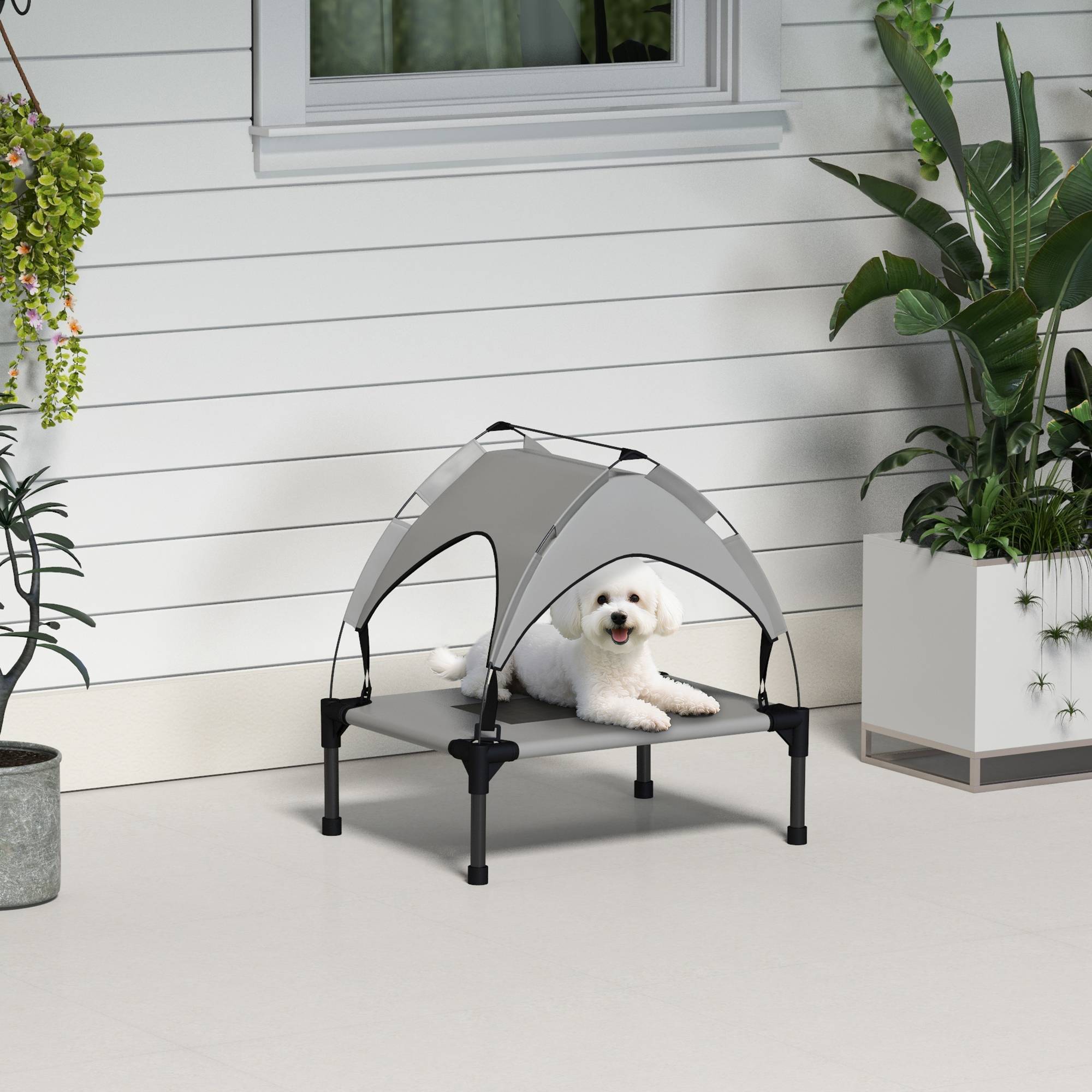 Lit surélevé chien acier oxford respirant animaux extérieur auvent anti-UV 61x46cm gris - ComfortXL Outdoor Living - Image 4