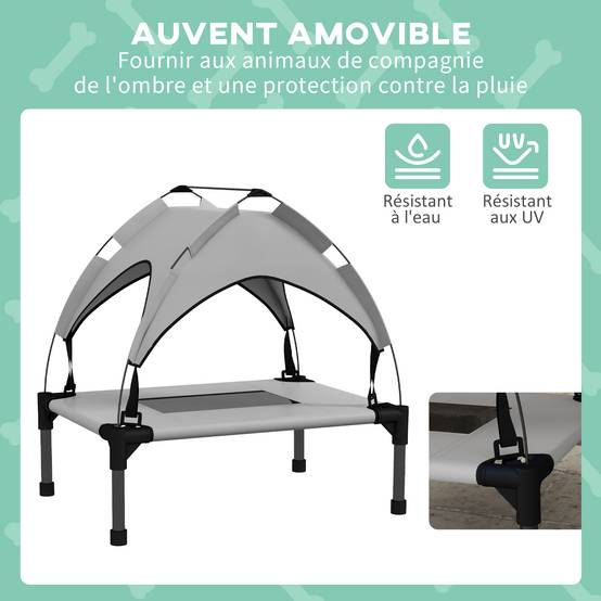 Lit surélevé chien acier oxford respirant animaux extérieur auvent anti-UV 61x46cm gris - ComfortXL Outdoor Living - Image 7