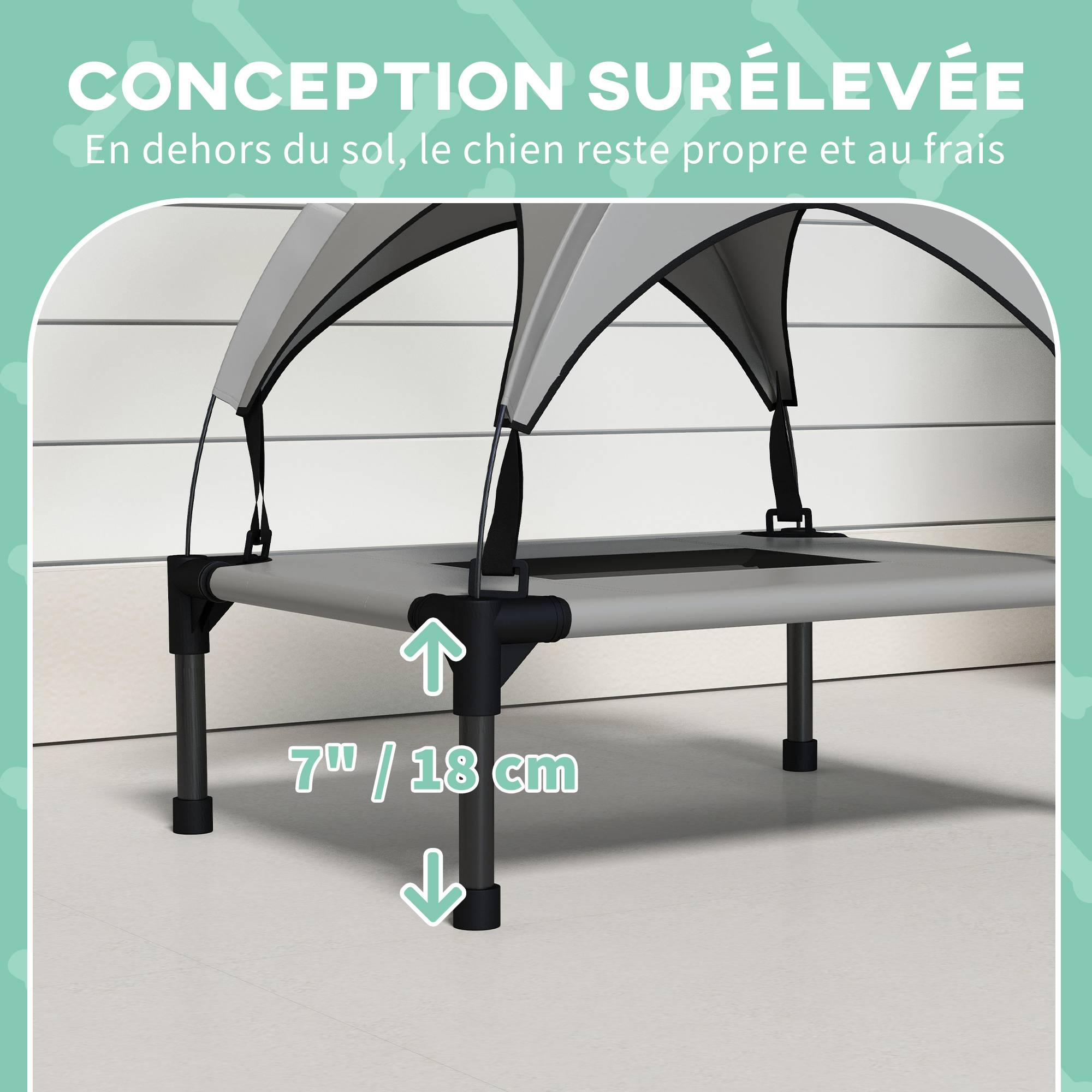 Lit surélevé chien acier oxford respirant animaux extérieur auvent anti-UV 61x46cm gris - ComfortXL Outdoor Living - Image 9