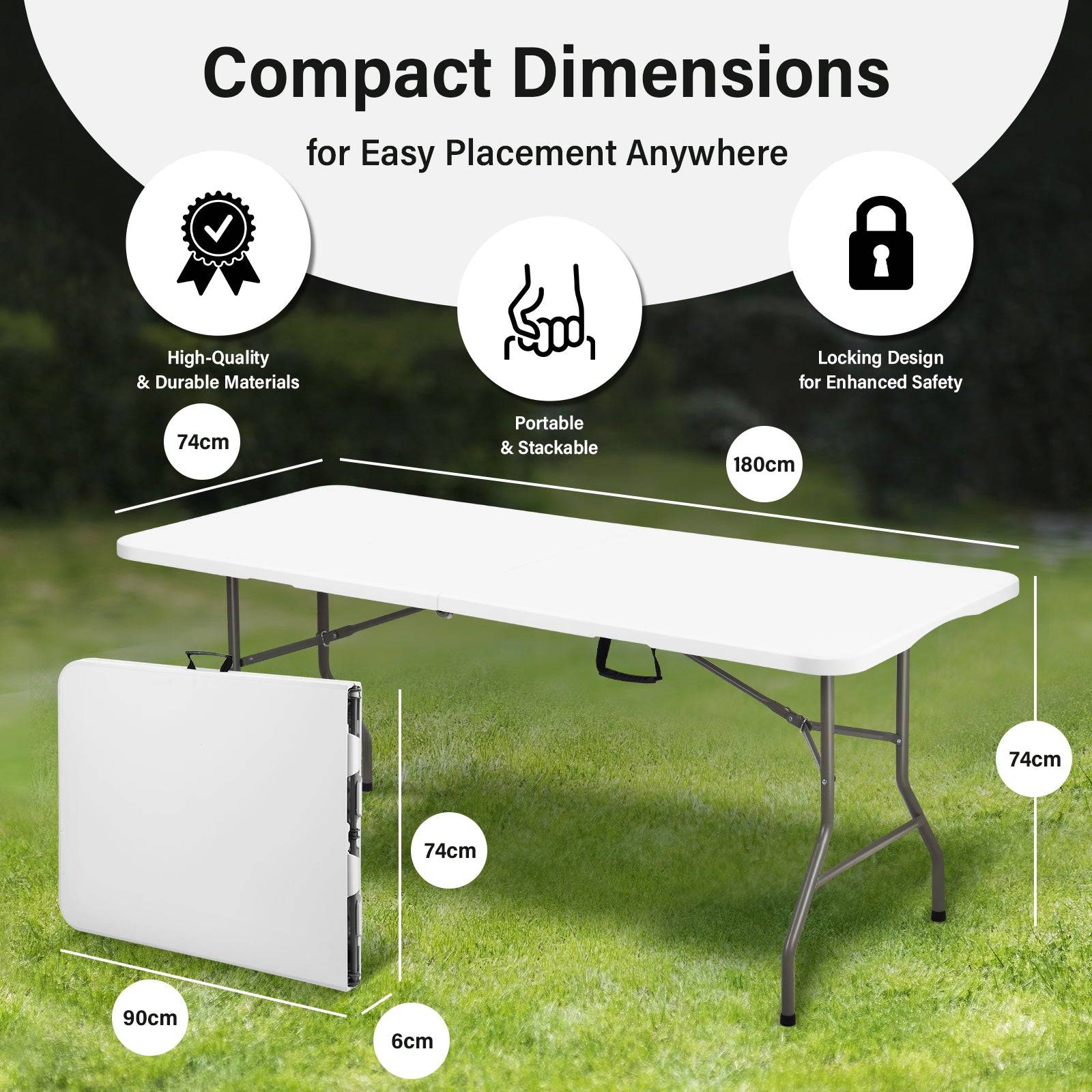 Table pliante 180 x 74 x 74 cm, 6 ou 8 places, table pliante d'extérieur avec verrou de sécurité, poignée de transport - Image 4
