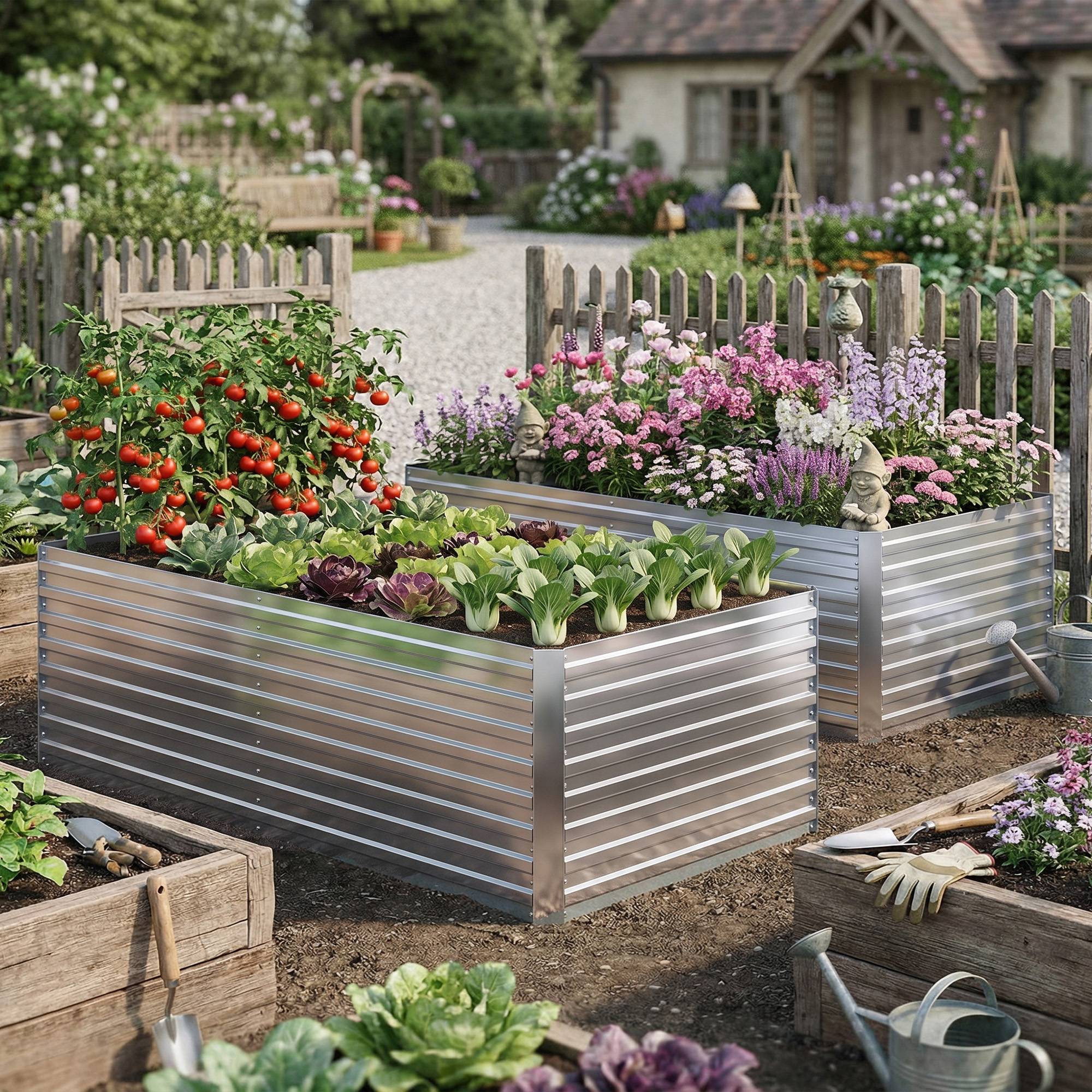 Set 2 Bacs Surélevés Métal Galvanisé Bord Sécurisé Jardinière Élevée, Argent - Image 3