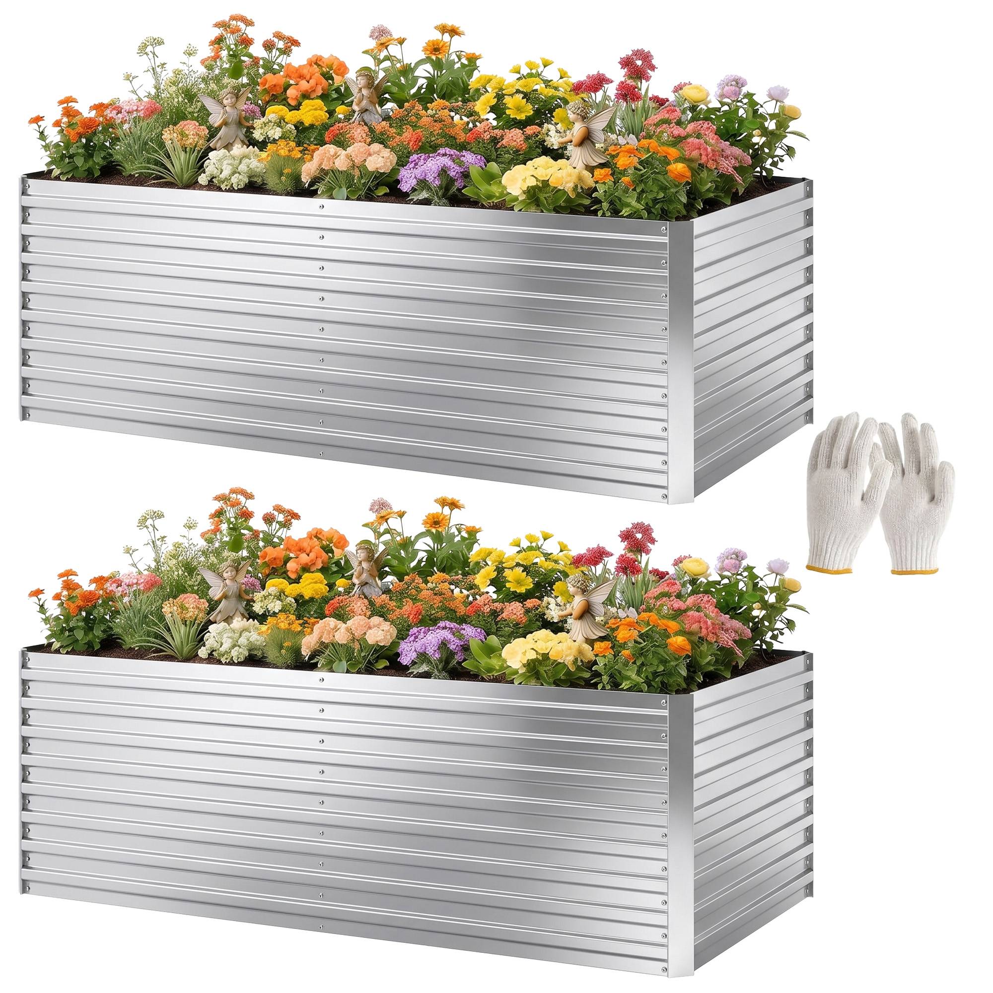 Set 2 Bacs Surélevés Métal Galvanisé Bord Sécurisé Jardinière Élevée, Argent - Image 2