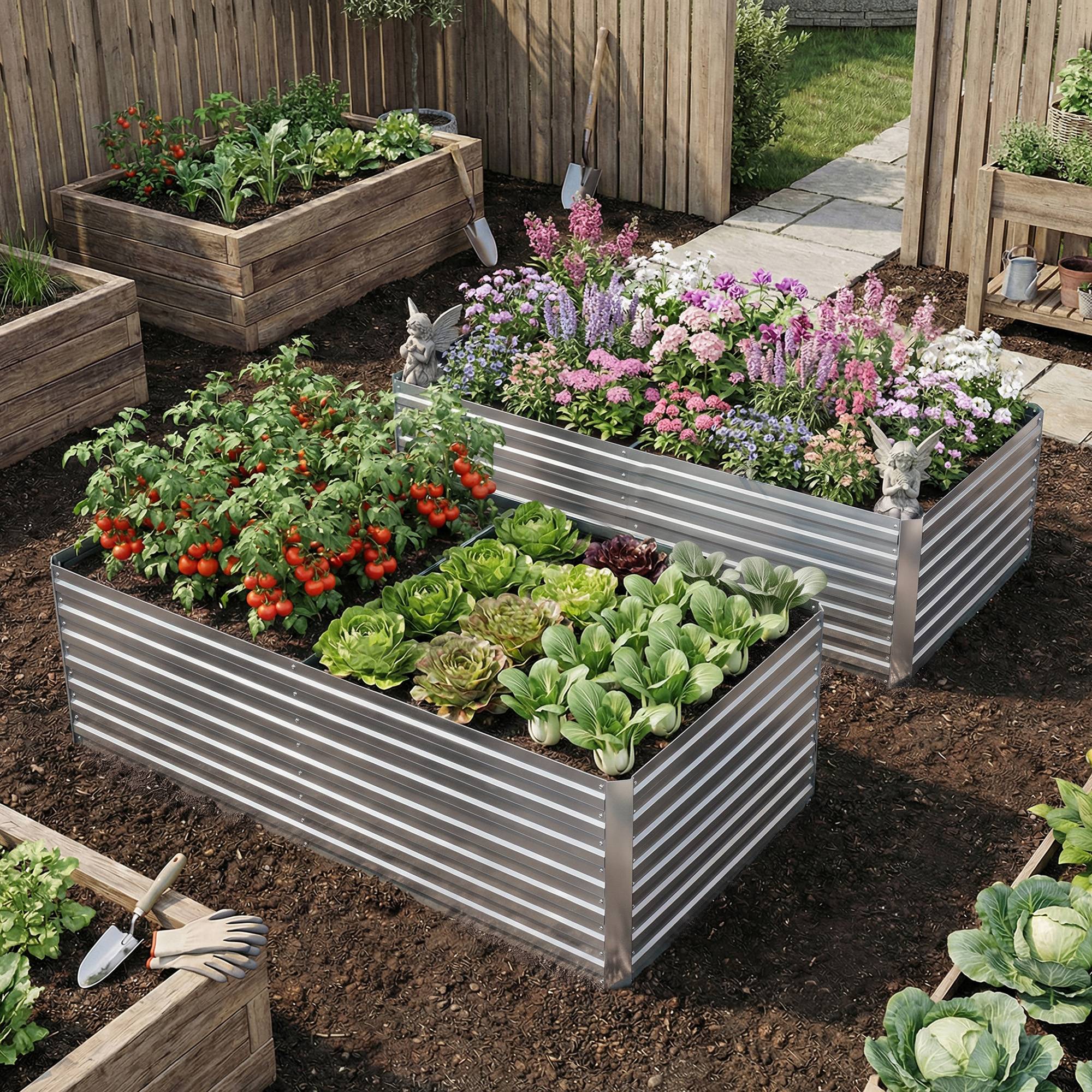 Set 2 Bacs Surélevés Métal Galvanisé Bord Sécurisé Jardinière Élevée, Argent - Image 4