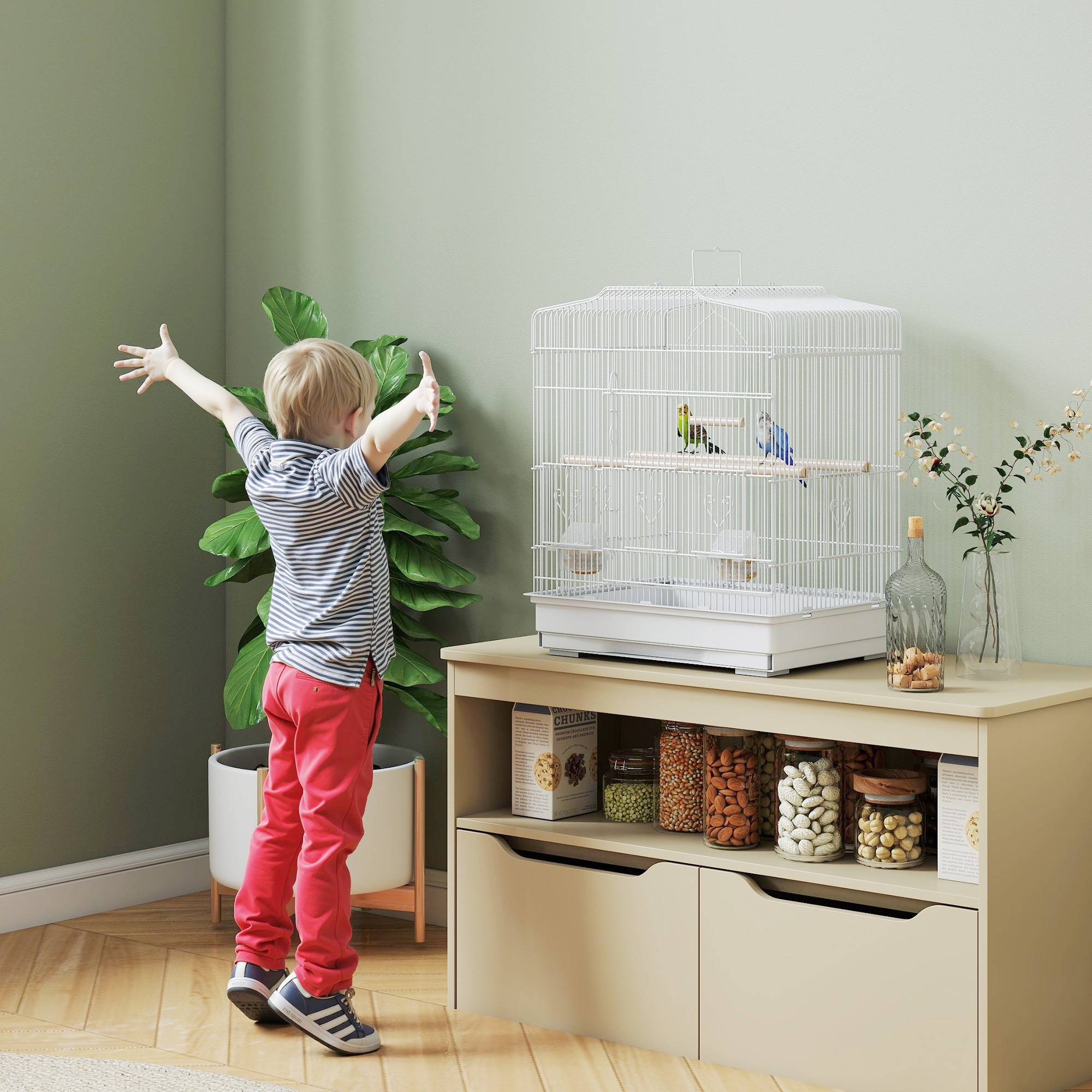 Cage pour oiseaux acier et bois blanc et naturel 46.5 x 36 x 59 cm - PANGIVO - Image 10
