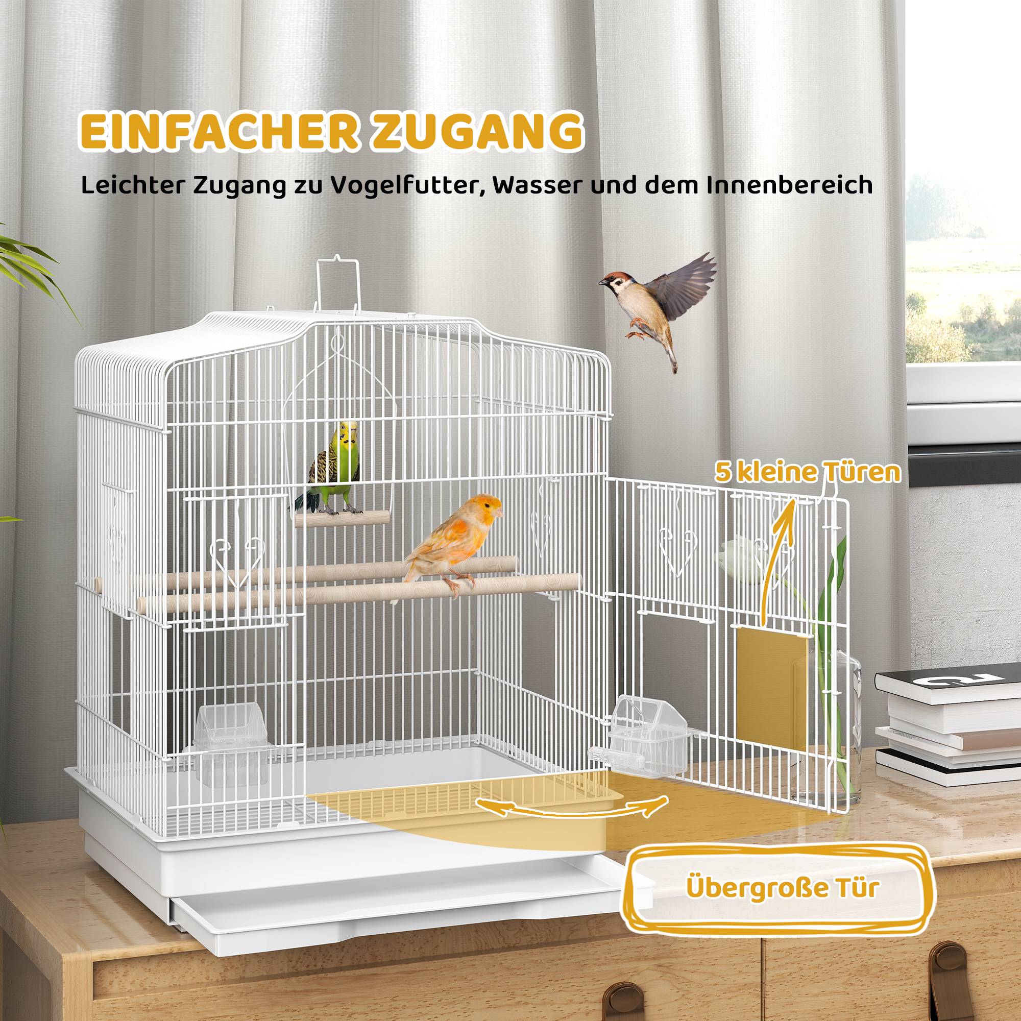 Cage pour oiseaux acier et bois blanc et naturel 46.5 x 36 x 59 cm - PANGIVO - Image 6