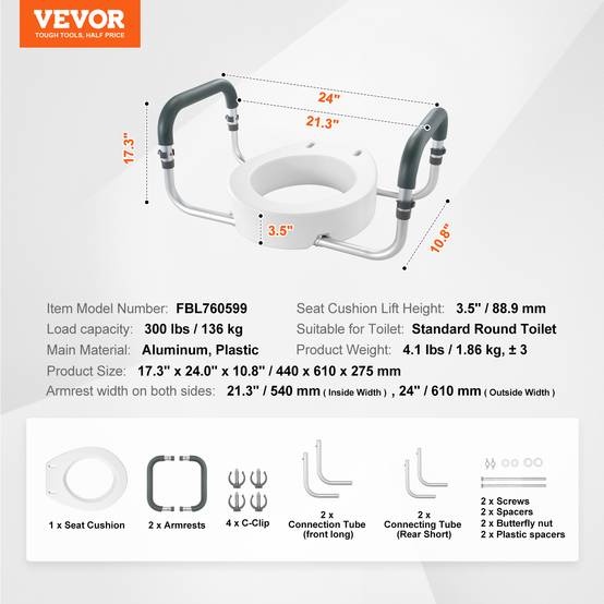Vevor - VEVOR Rehausseur toilette ronde standard, hauteur 88,9 mm, charge 136 kg. Main courante alu, rembourrage EVA. - Image 7