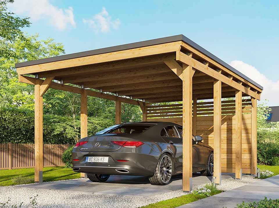 Direct Abris - Carport Bois CASTELLANE 373X555 Panneau de Fond Intégré - Toiture en Bois + Feutre Bitumeux - Abri 1Voiture - Imagen 1