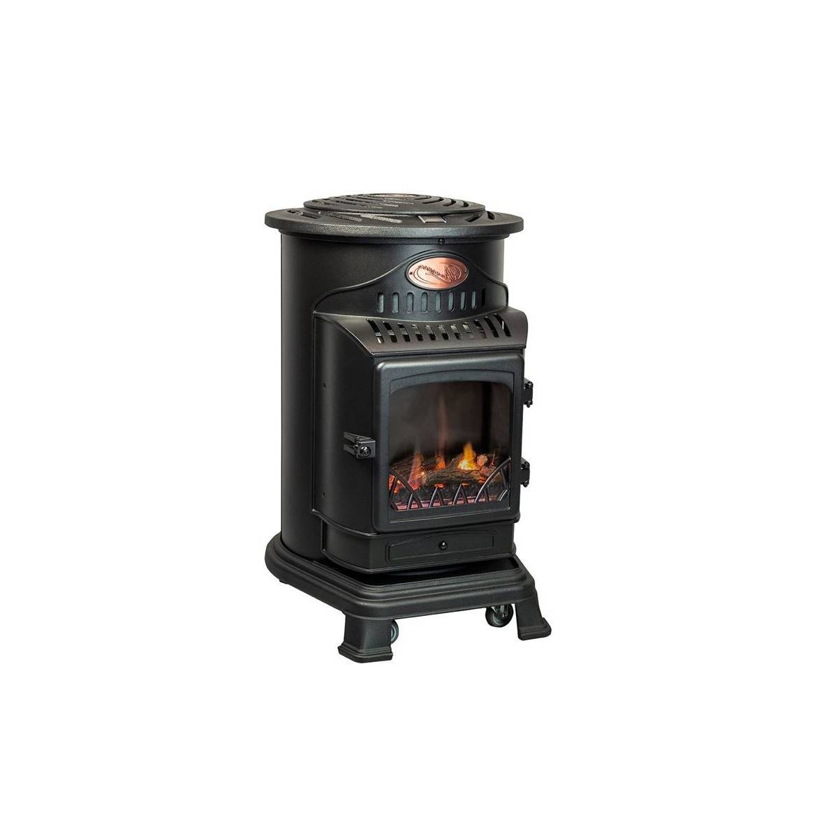 Poêle à gaz fonte 3400W Noir Effet feu Chauffage d'appoint gaz sur roues Autonomie 60h INTEC - Imagen 1