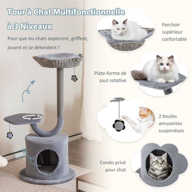 Helloshop26 - Arbre à chat 106 cm perchoir condo et 2 balles suspendues tour à chat poteaux de soutien en métal et coussin amovible gris - Imagen 4