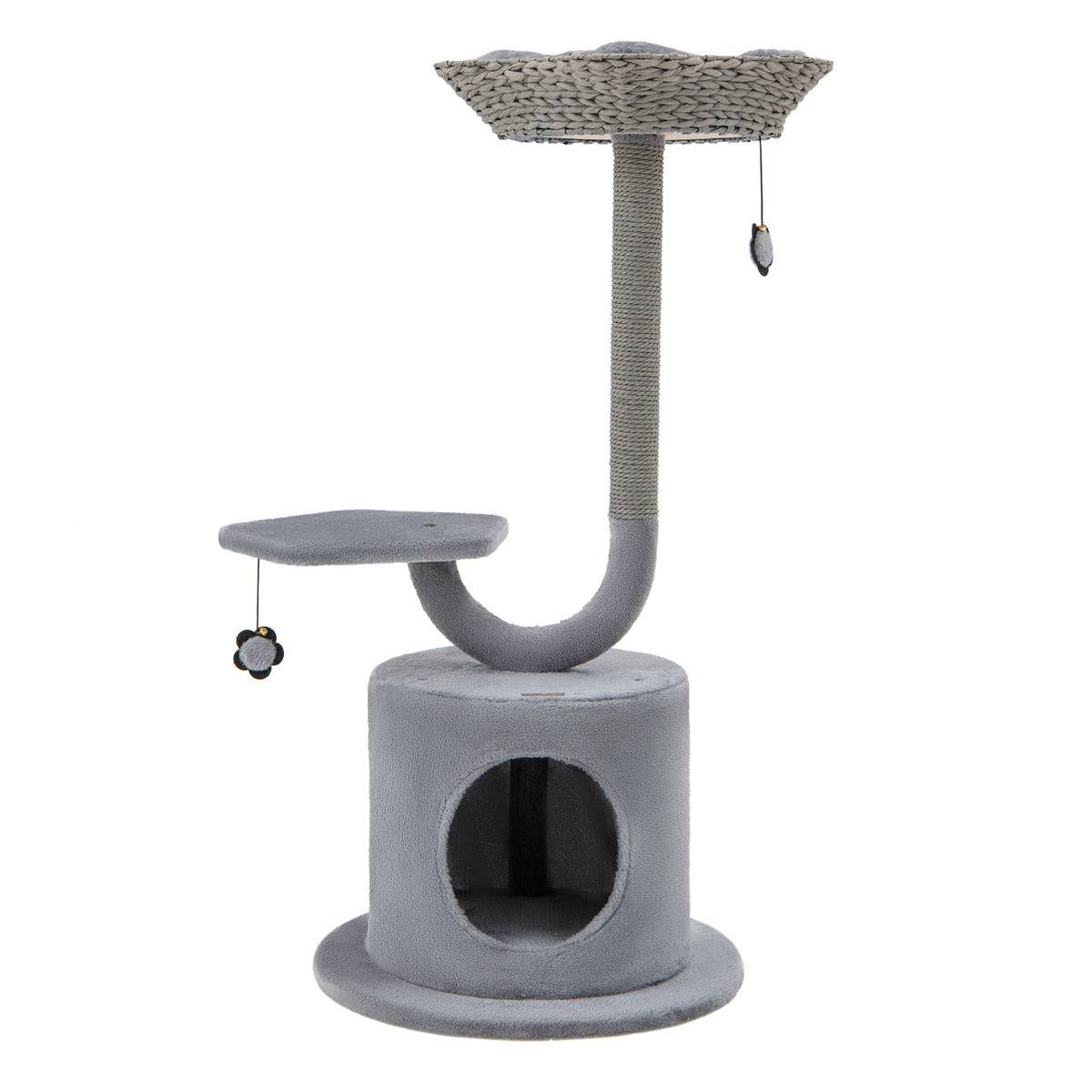 Helloshop26 - Arbre à chat 106 cm perchoir condo et 2 balles suspendues tour à chat poteaux de soutien en métal et coussin amovible gris - Imagen 1