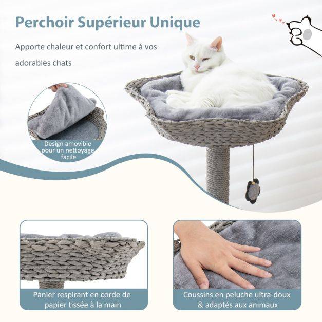Helloshop26 - Arbre à chat 106 cm perchoir condo et 2 balles suspendues tour à chat poteaux de soutien en métal et coussin amovible gris - Imagen 3